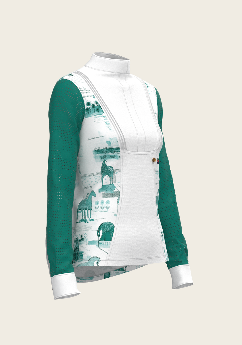 Espoir Colorful Running Horses on Blue Stripe  Ladies Button Shirt