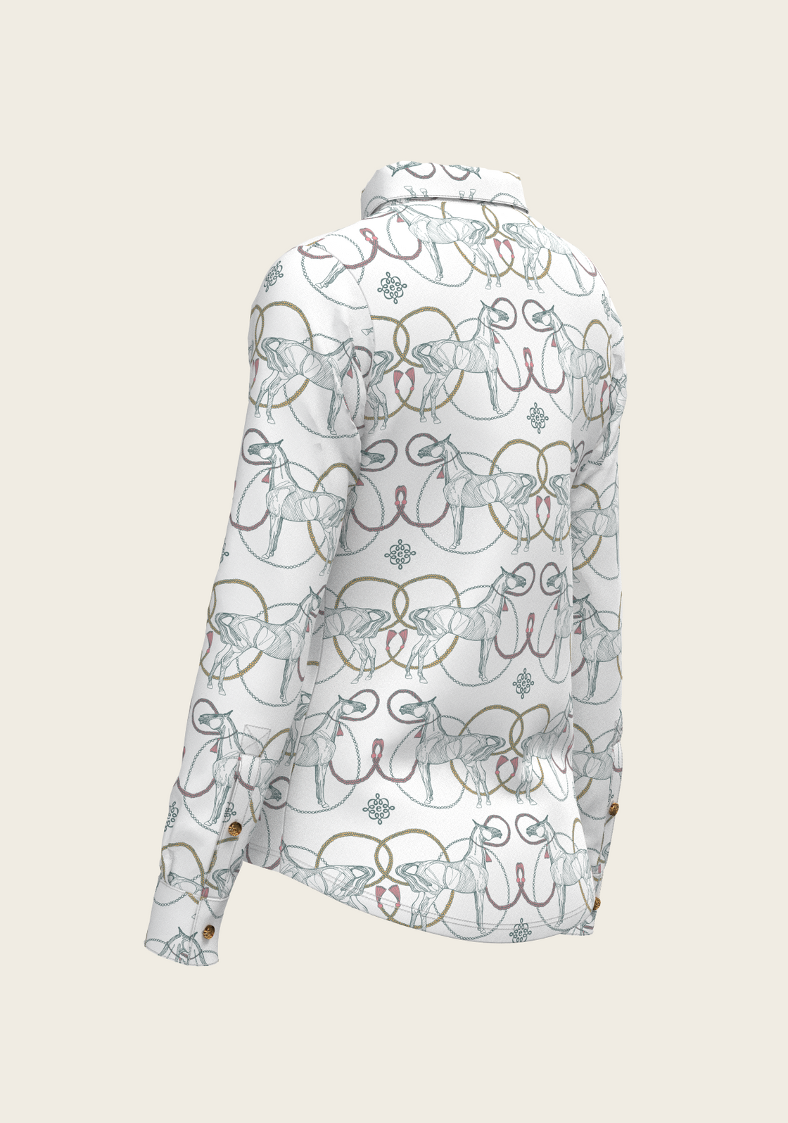 Teal Roped Horses on White Ladies Button Shirt