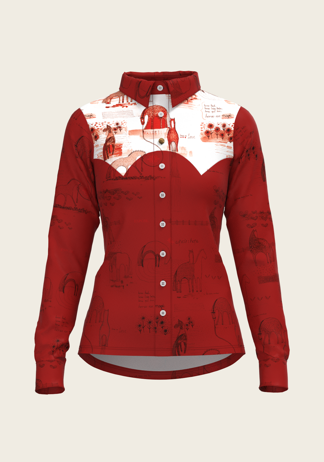 Daydreaming Horses in Red Ladies Button Shirt