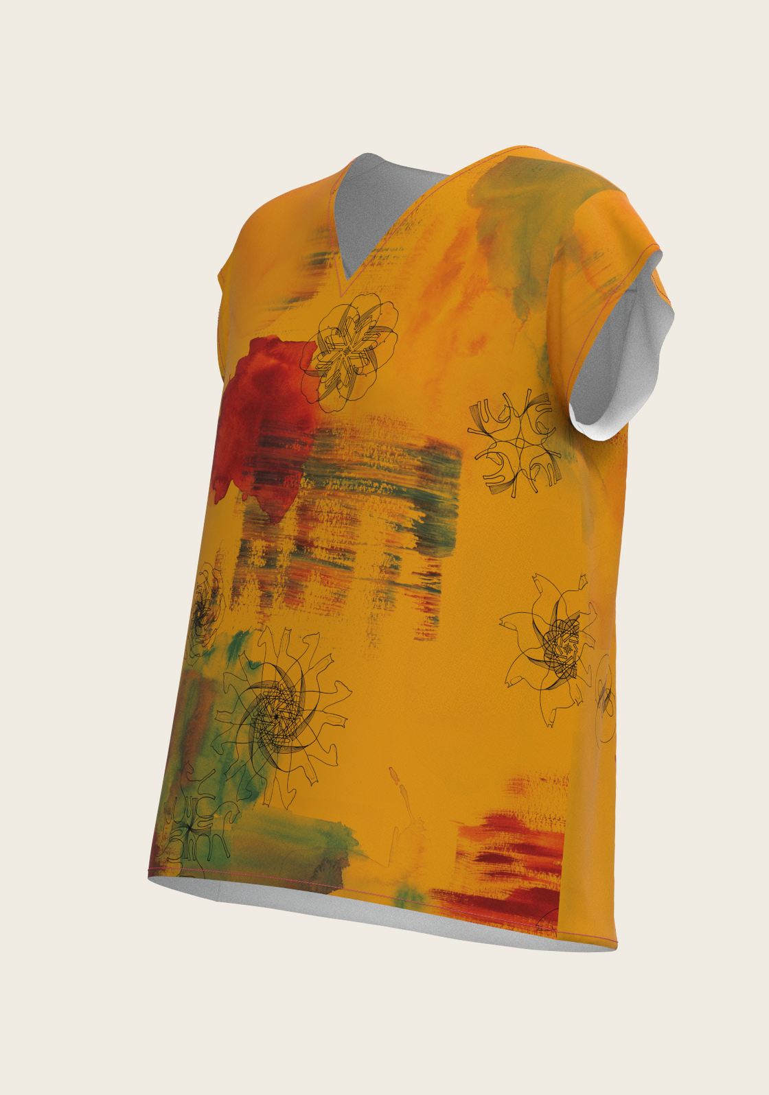 Horse Flower Fair in Ochre Loose Fitting V Neck Shirt