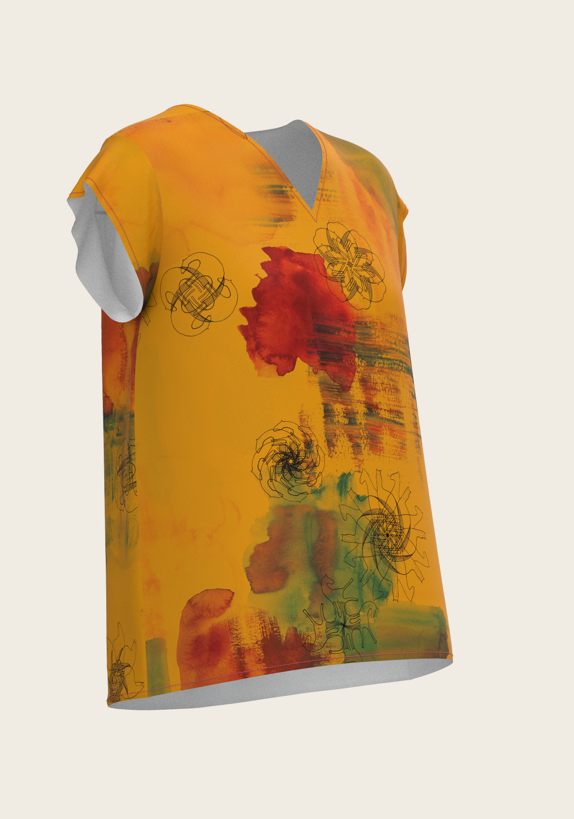 Horse Flower Fair in Ochre Loose Fitting V Neck Shirt