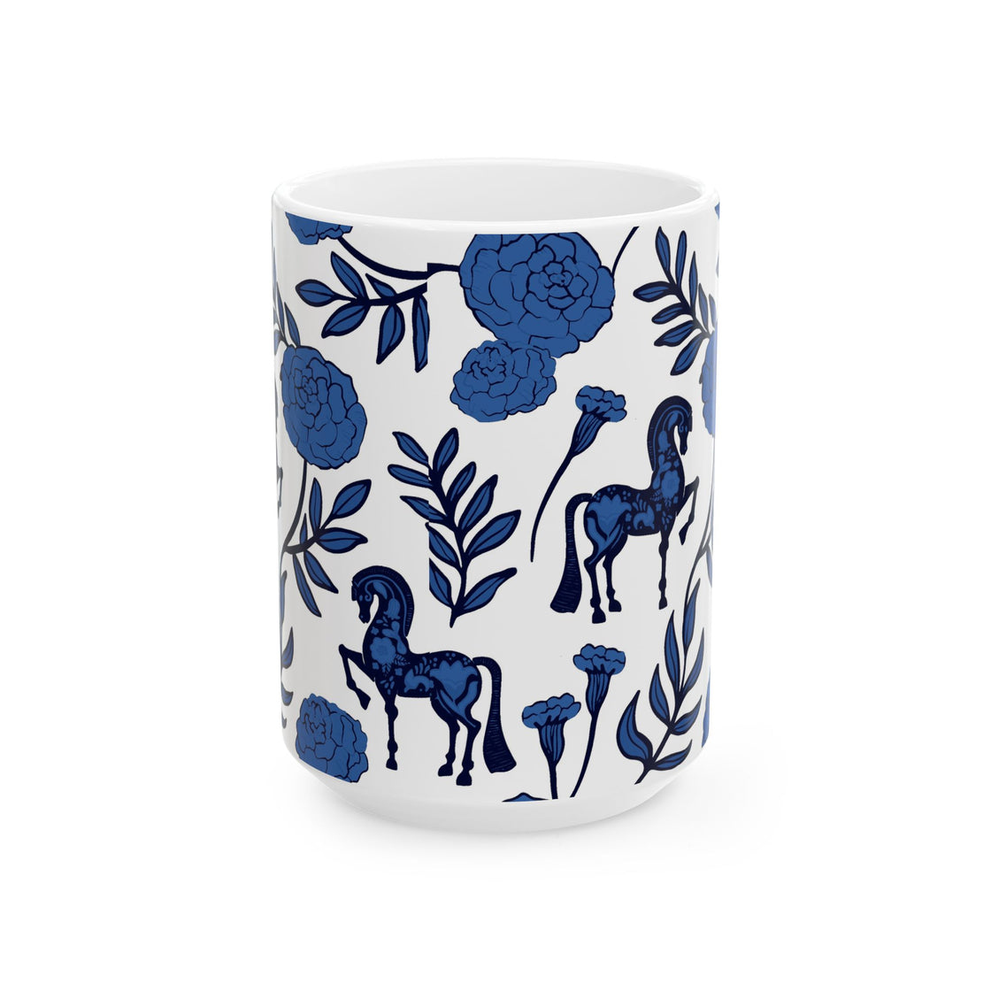 Espoir Equestrian Floral Horse Ceramic Mug, Blue Horse Mug, Gift for Horse Lovers, Artistic Coffee Cup, Unique Home Decor