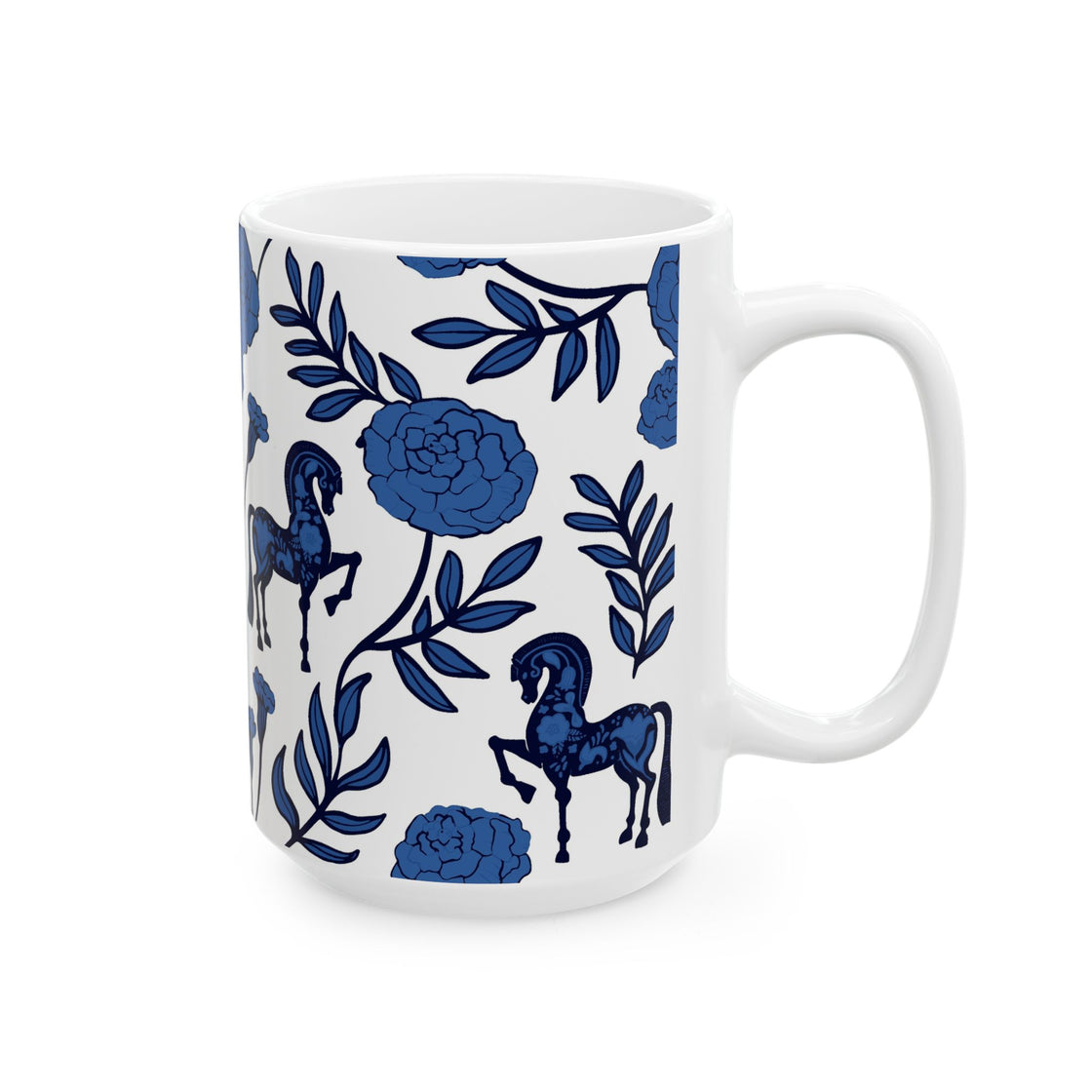 Espoir Equestrian Floral Horse Ceramic Mug, Blue Horse Mug, Gift for Horse Lovers, Artistic Coffee Cup, Unique Home Decor
