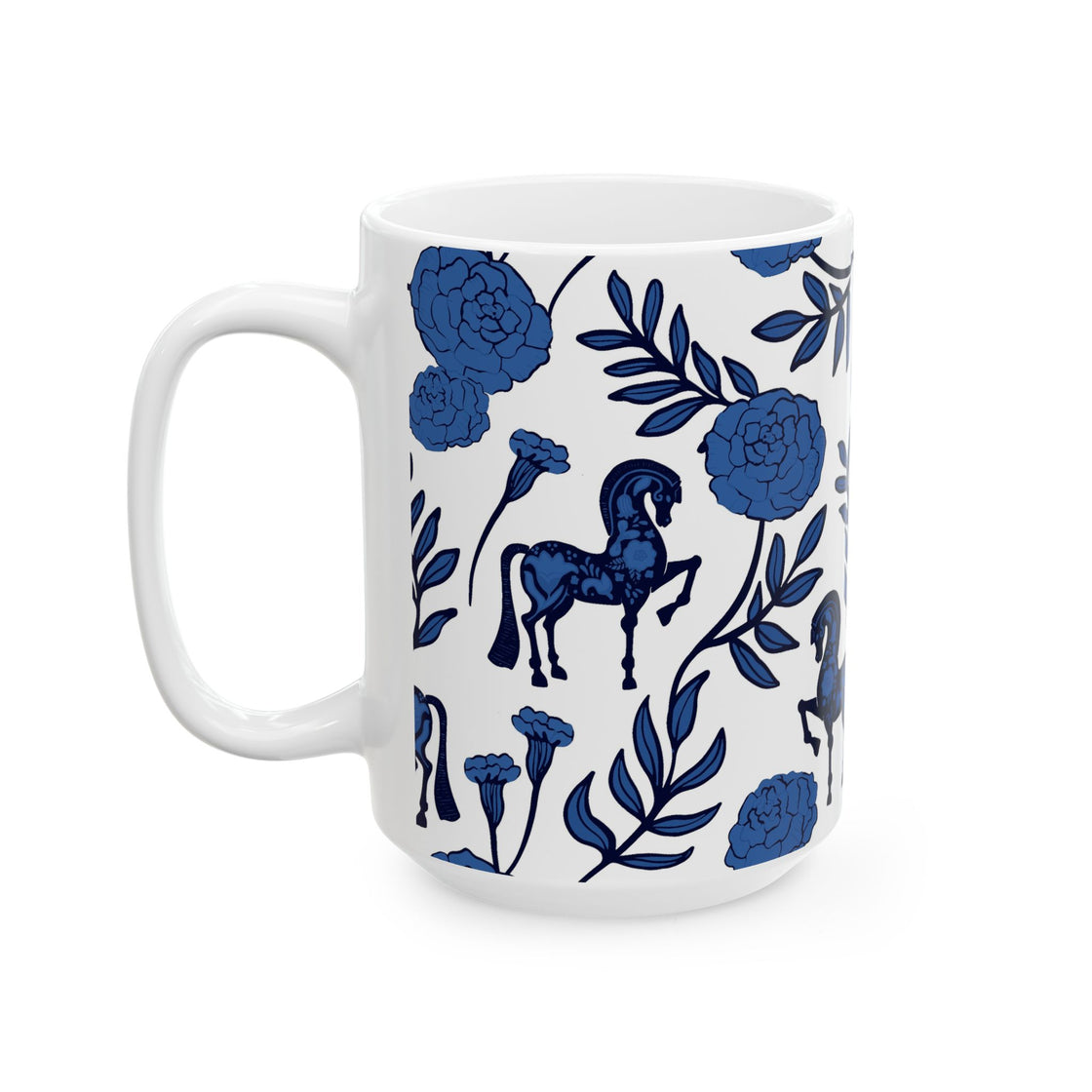 Espoir Equestrian Floral Horse Ceramic Mug, Blue Horse Mug, Gift for Horse Lovers, Artistic Coffee Cup, Unique Home Decor