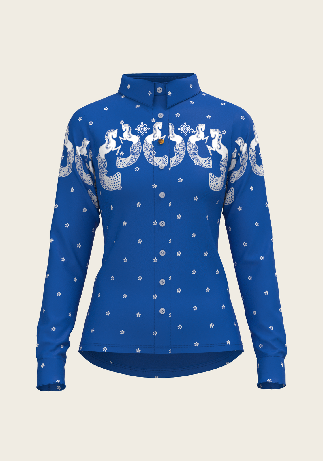 Western Mermaid Horses on Blue Ladies Button Shirt