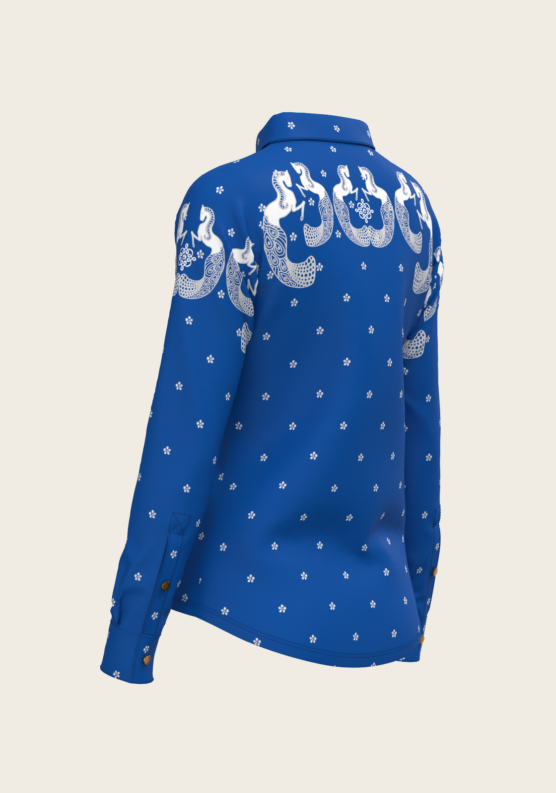 Western Mermaid Horses on Blue Ladies Button Shirt