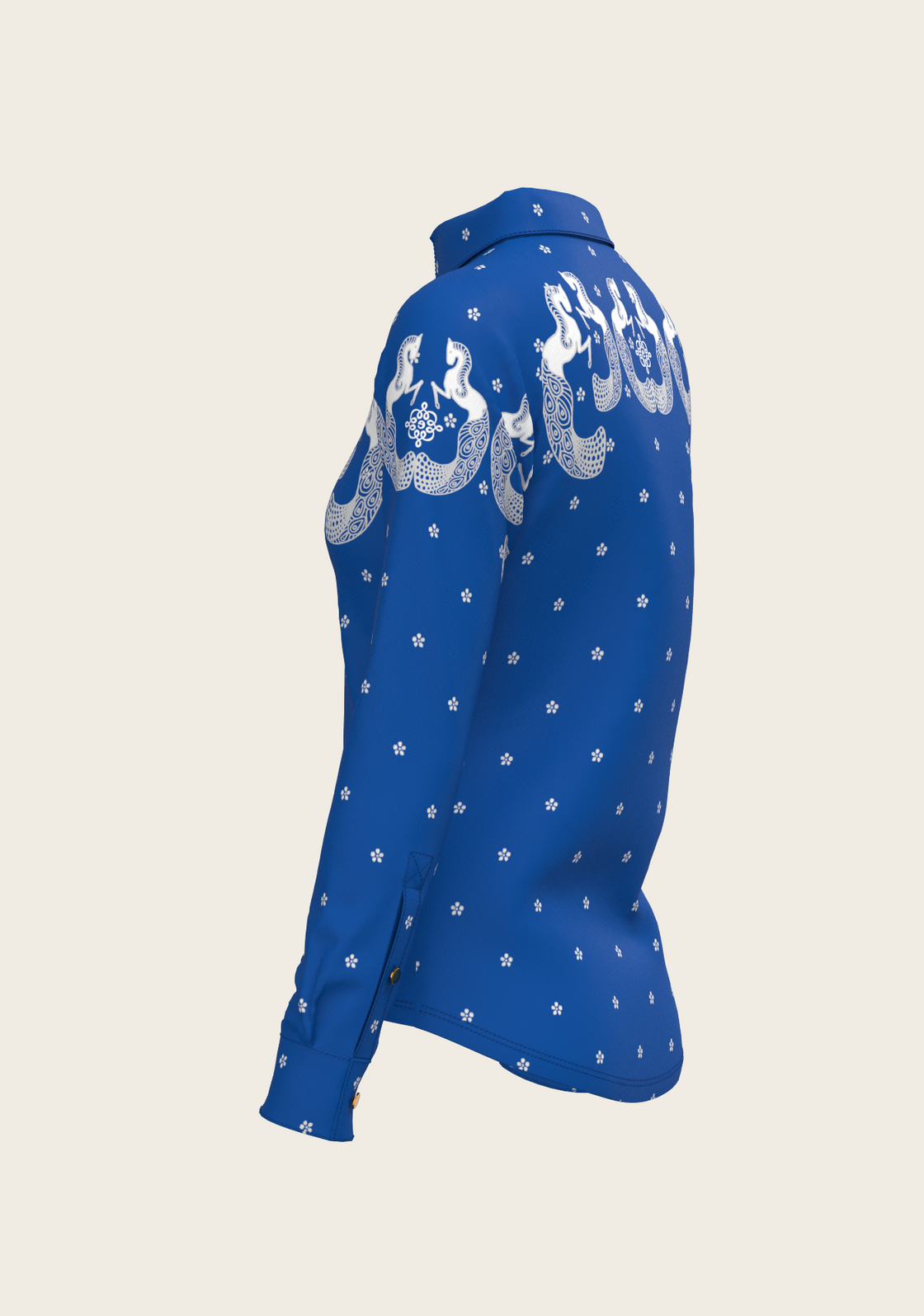 Western Mermaid Horses on Blue Ladies Button Shirt