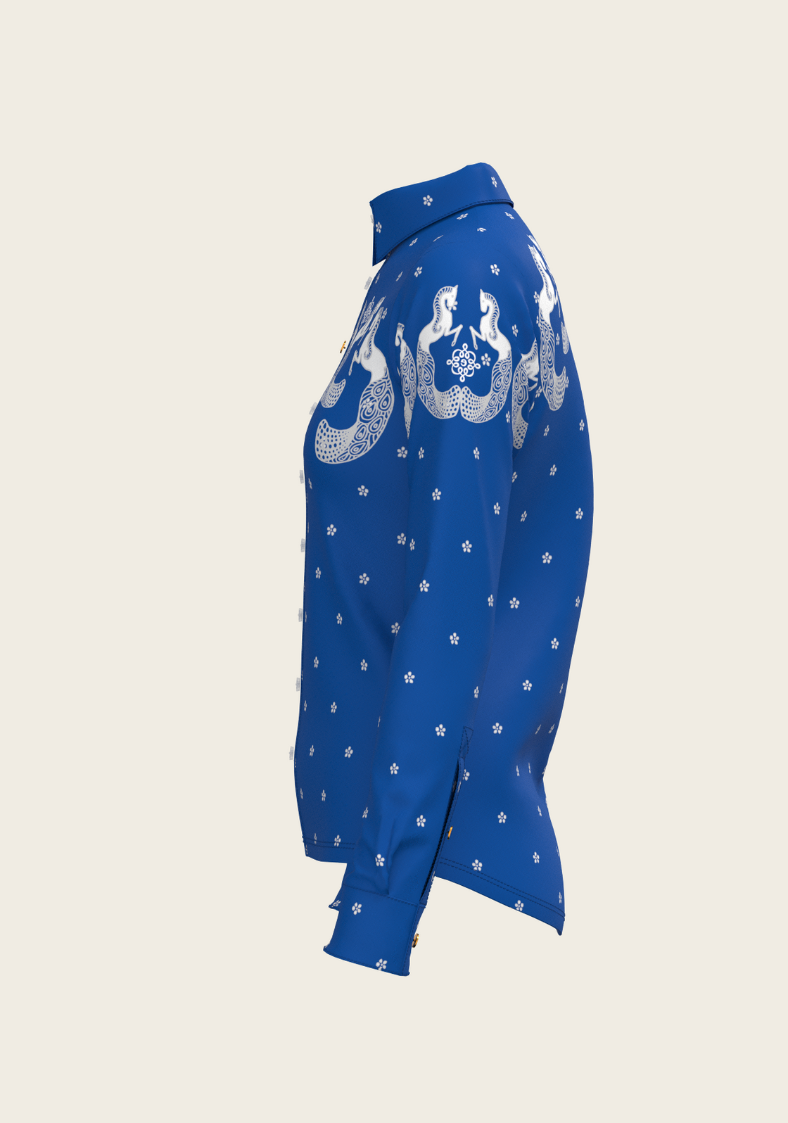 Western Mermaid Horses on Blue Ladies Button Shirt