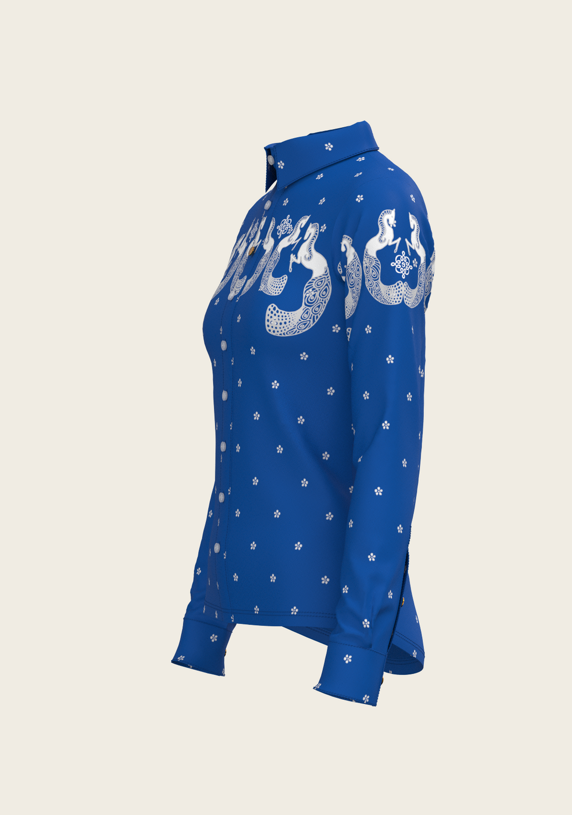 Western Mermaid Horses on Blue Ladies Button Shirt