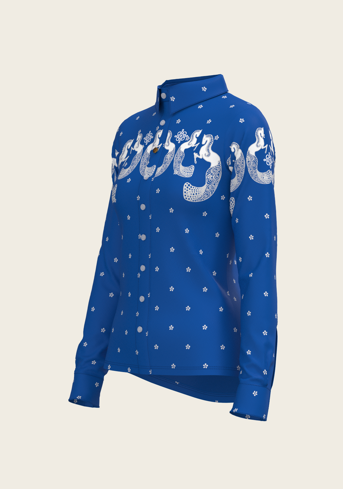 Western Mermaid Horses on Blue Ladies Button Shirt