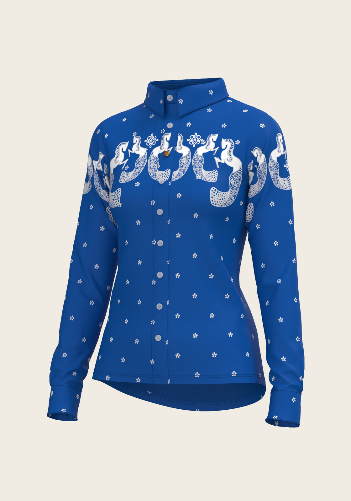 Western Mermaid Horses on Blue Ladies Button Shirt