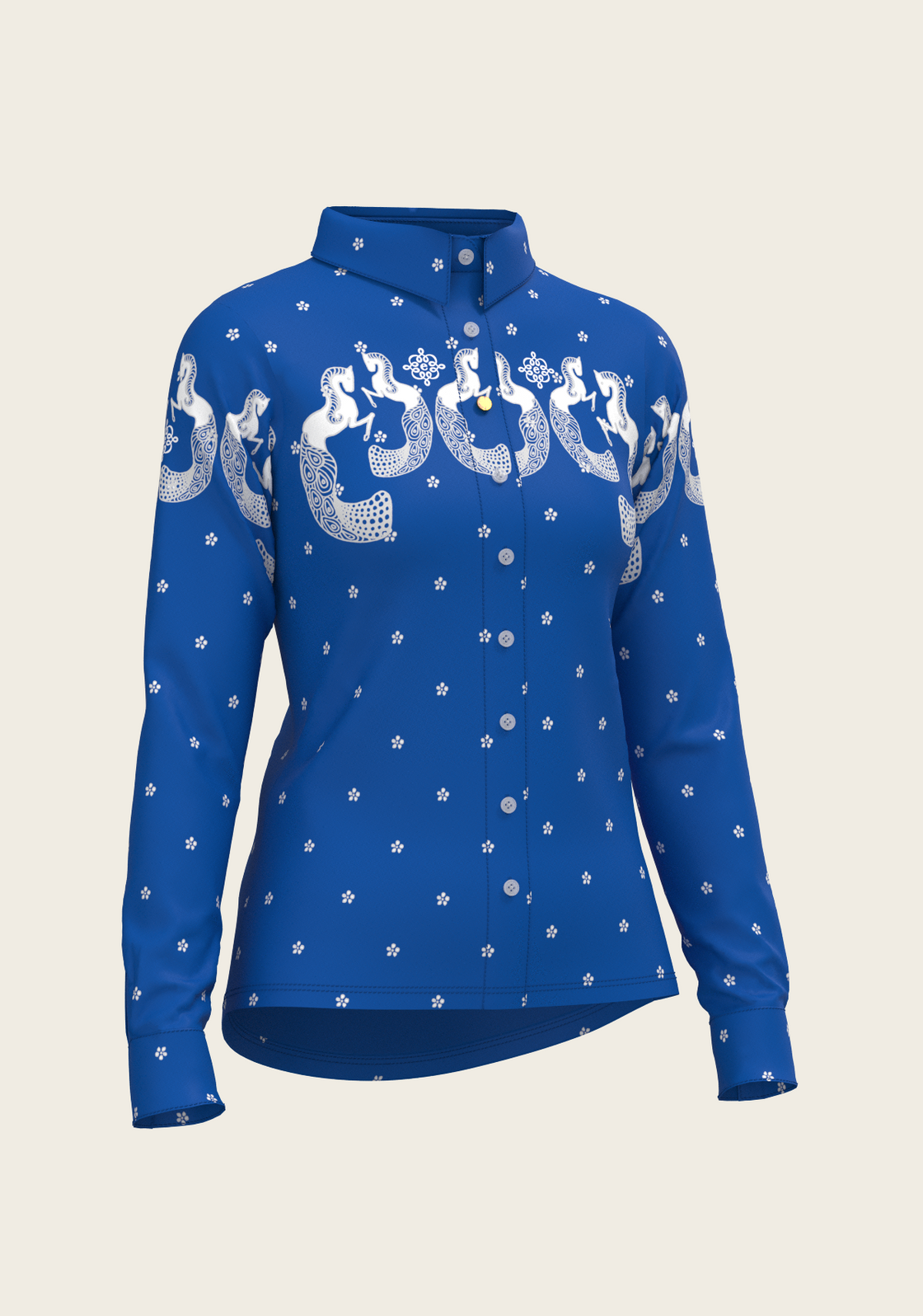 Western Mermaid Horses on Blue Ladies Button Shirt