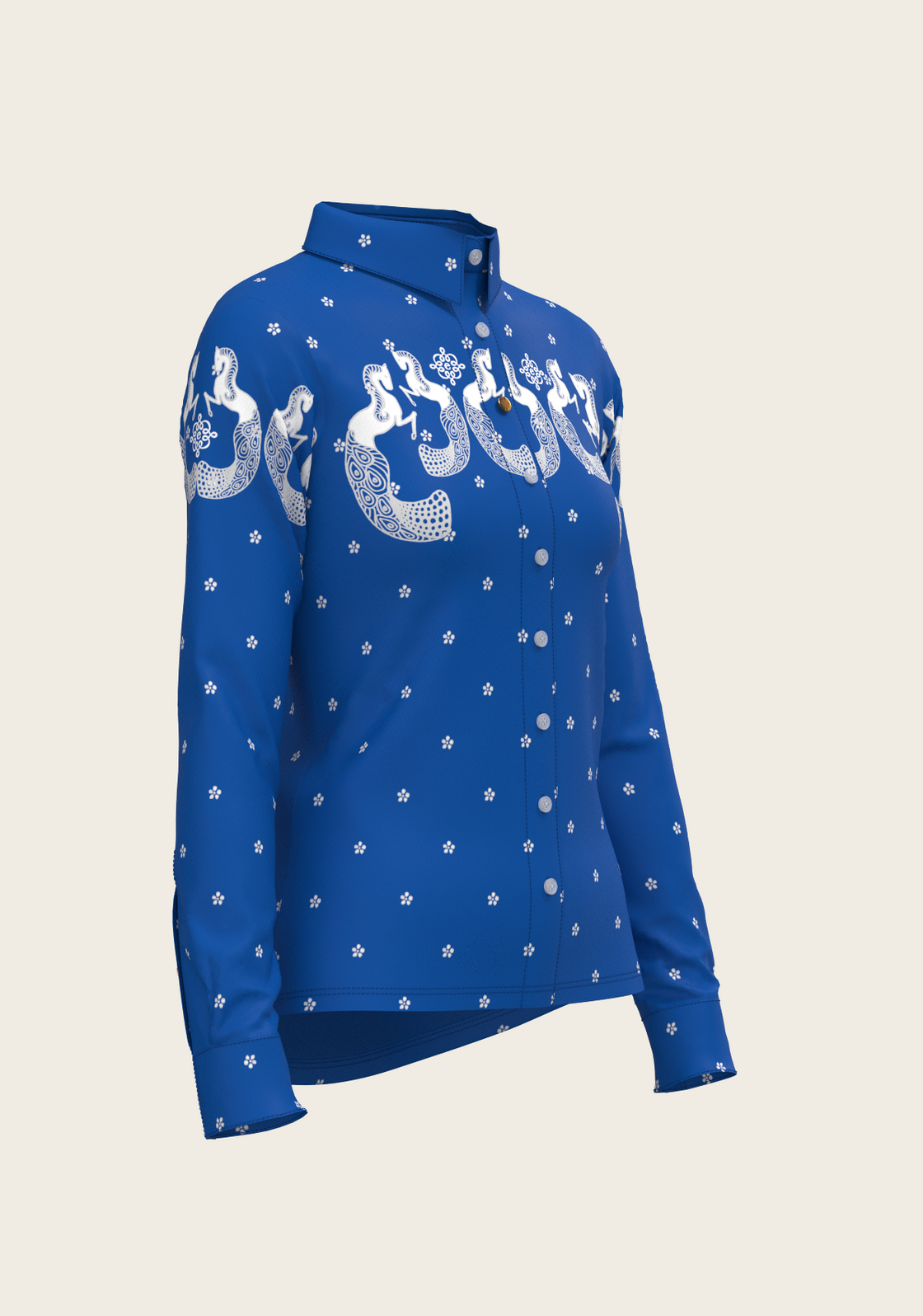 Western Mermaid Horses on Blue Ladies Button Shirt