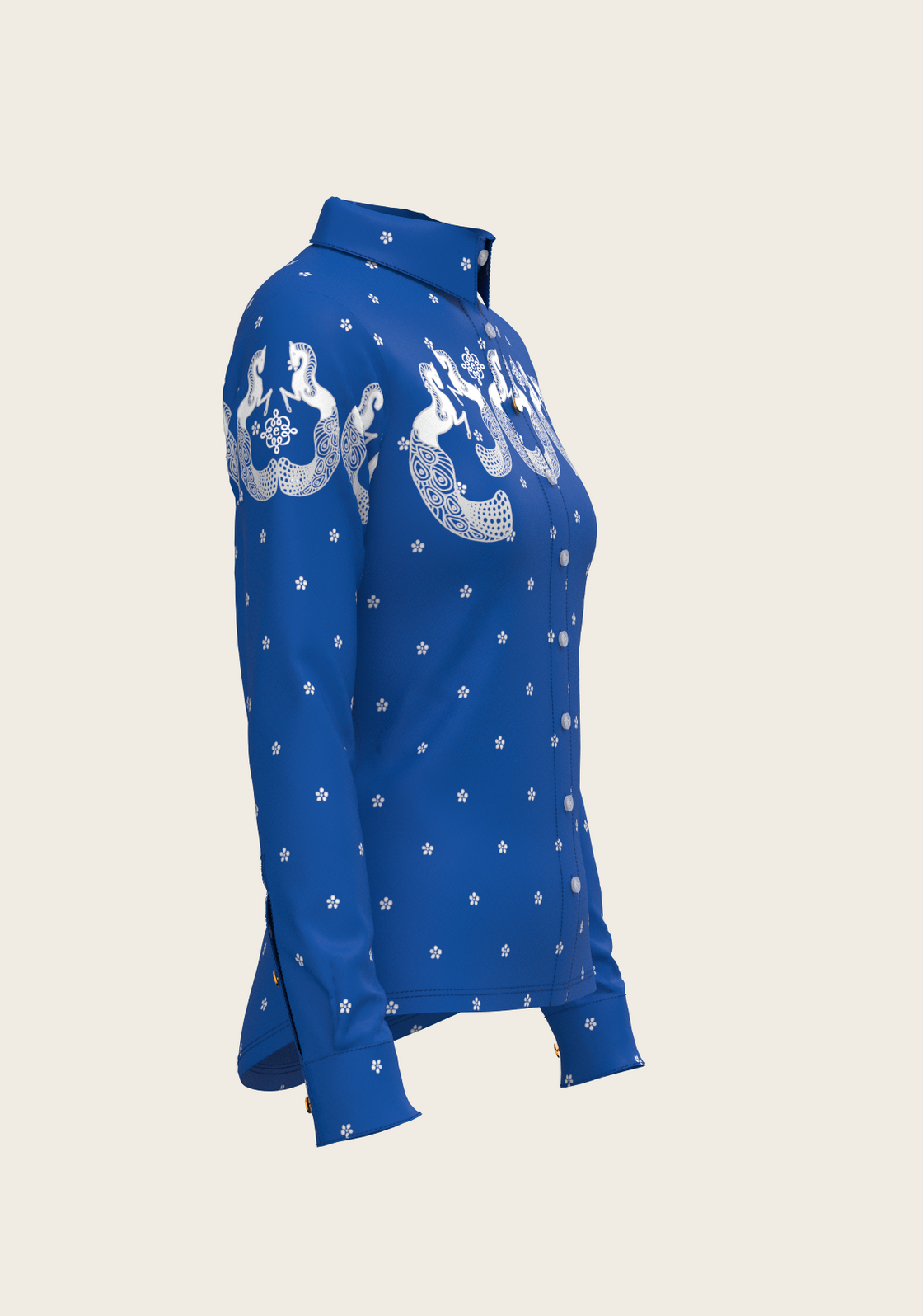 Western Mermaid Horses on Blue Ladies Button Shirt