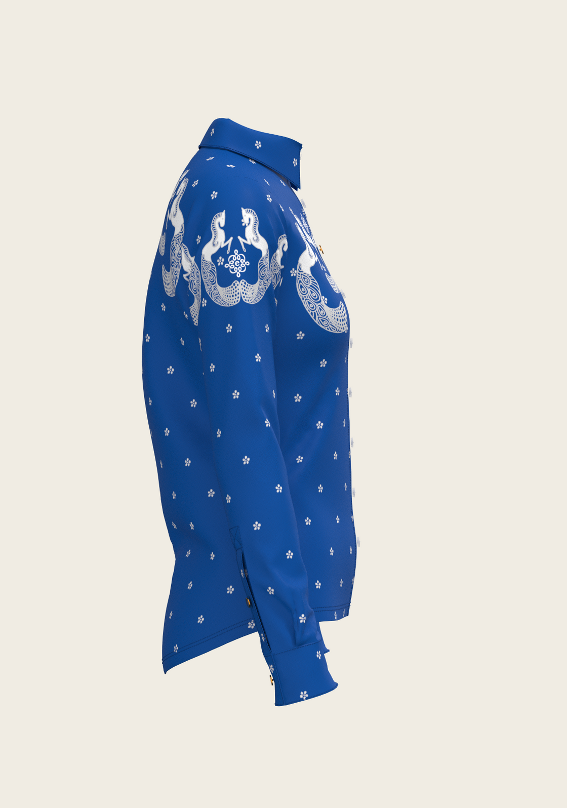 Western Mermaid Horses on Blue Ladies Button Shirt
