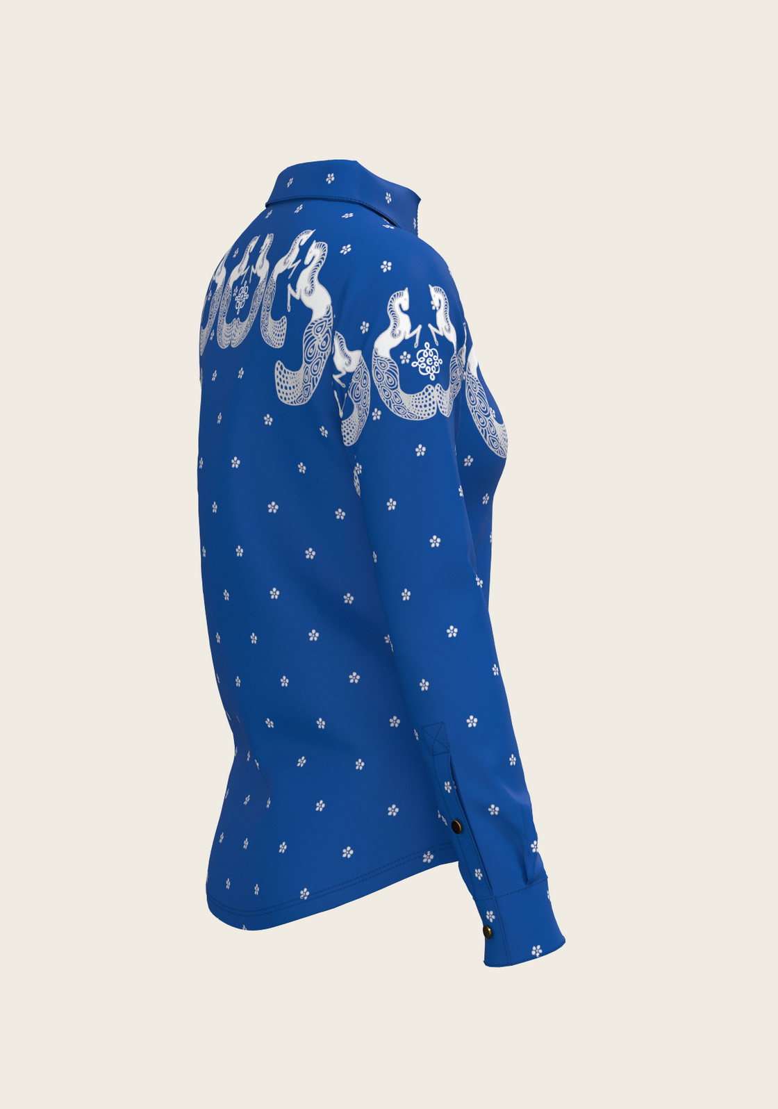 Western Mermaid Horses on Blue Ladies Button Shirt