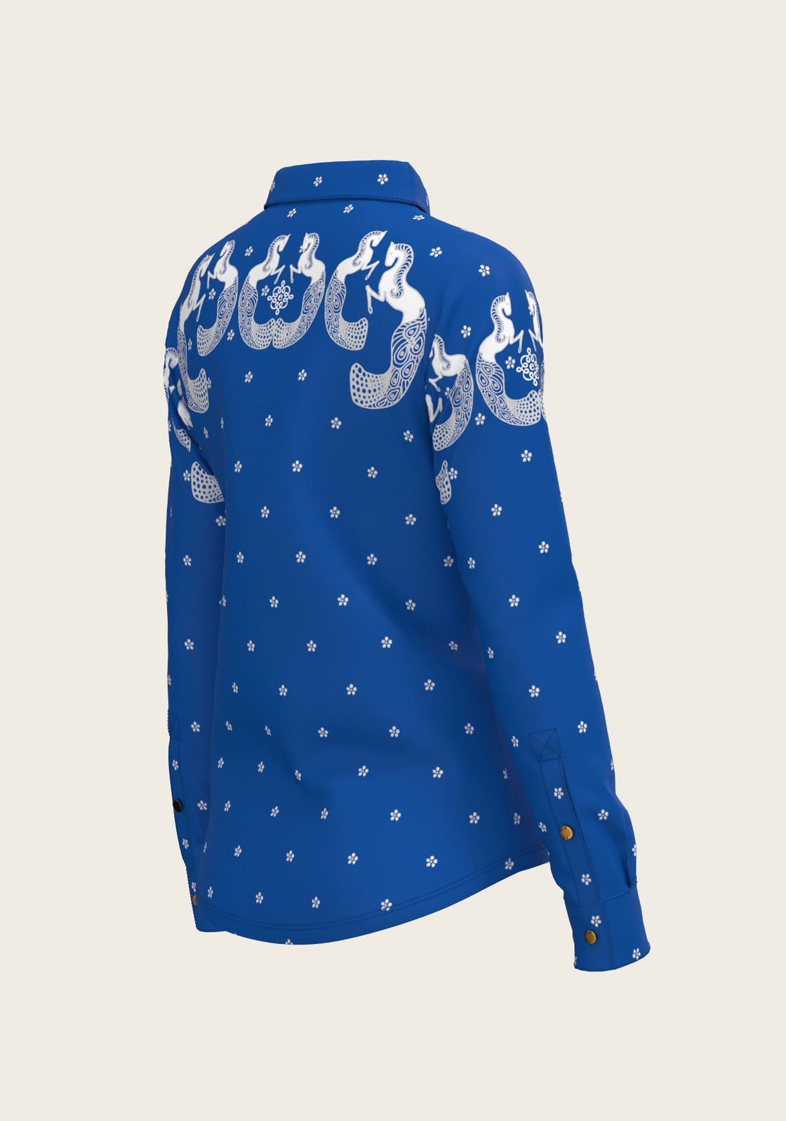 Western Mermaid Horses on Blue Ladies Button Shirt