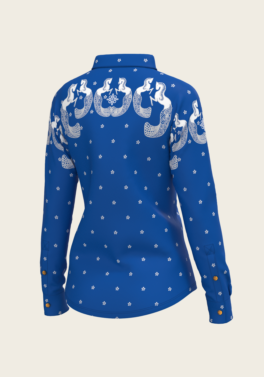 Western Mermaid Horses on Blue Ladies Button Shirt