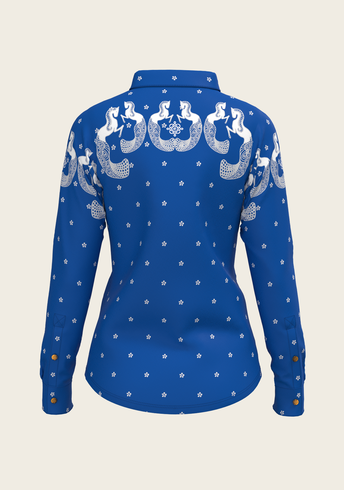 Western Mermaid Horses on Blue Ladies Button Shirt