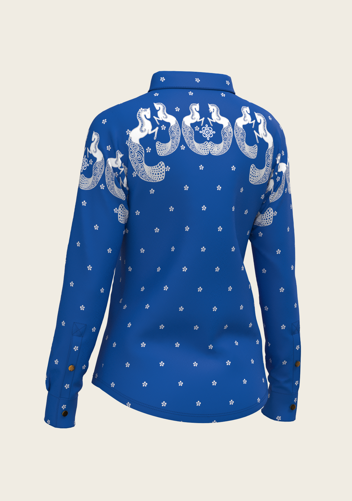 Western Mermaid Horses on Blue Ladies Button Shirt