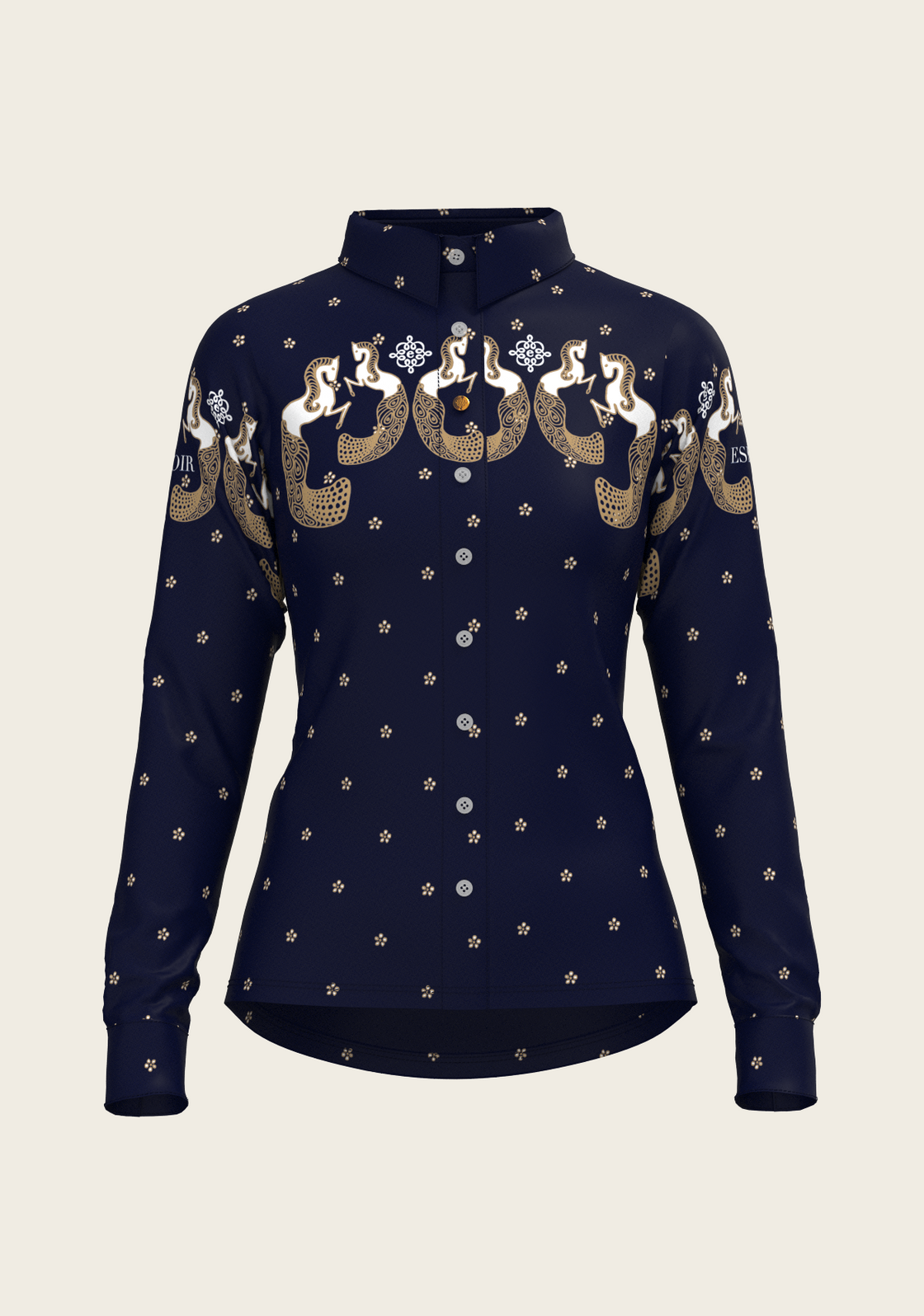 Western Mermaid Horses on Navy Ladies Button Shirt