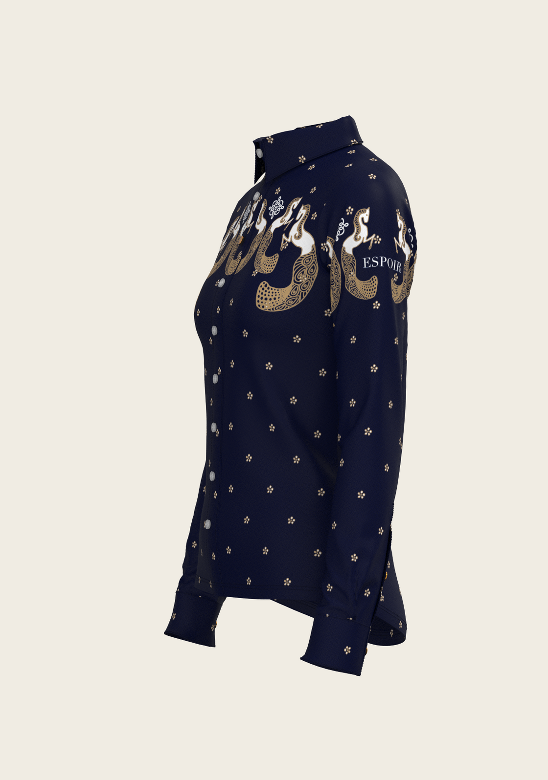 Western Mermaid Horses on Navy Ladies Button Shirt