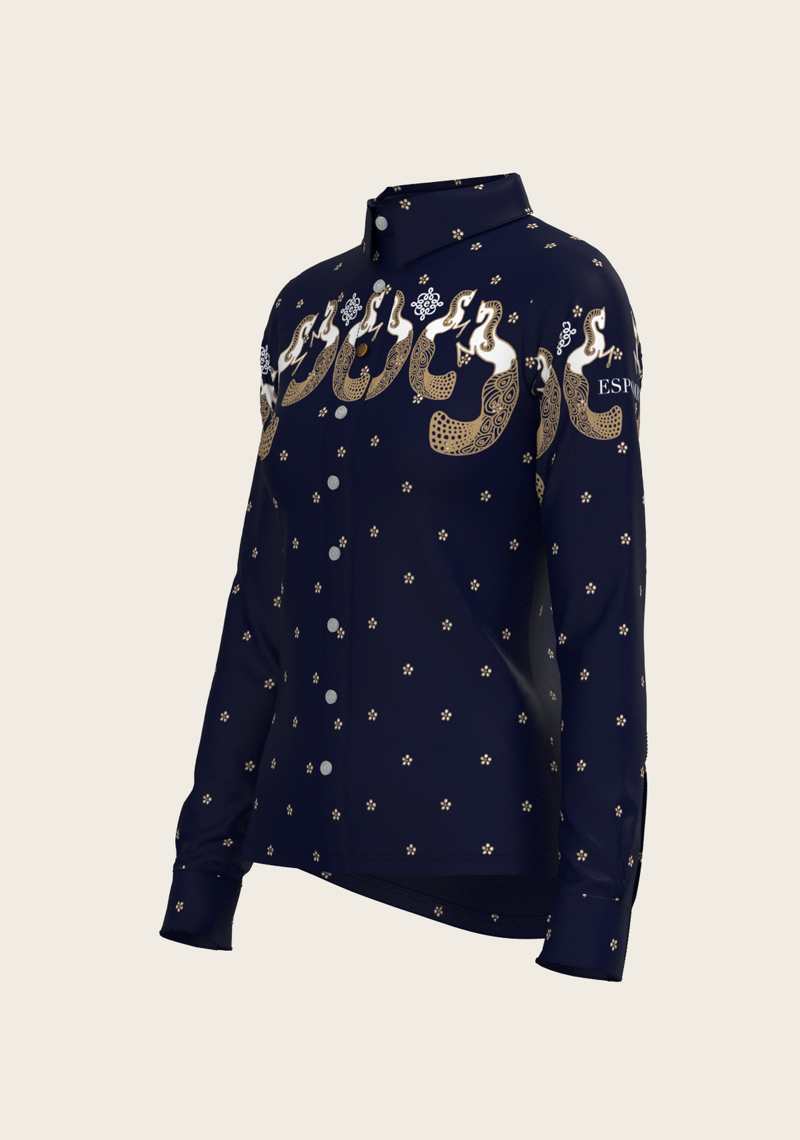 Western Mermaid Horses on Navy Ladies Button Shirt