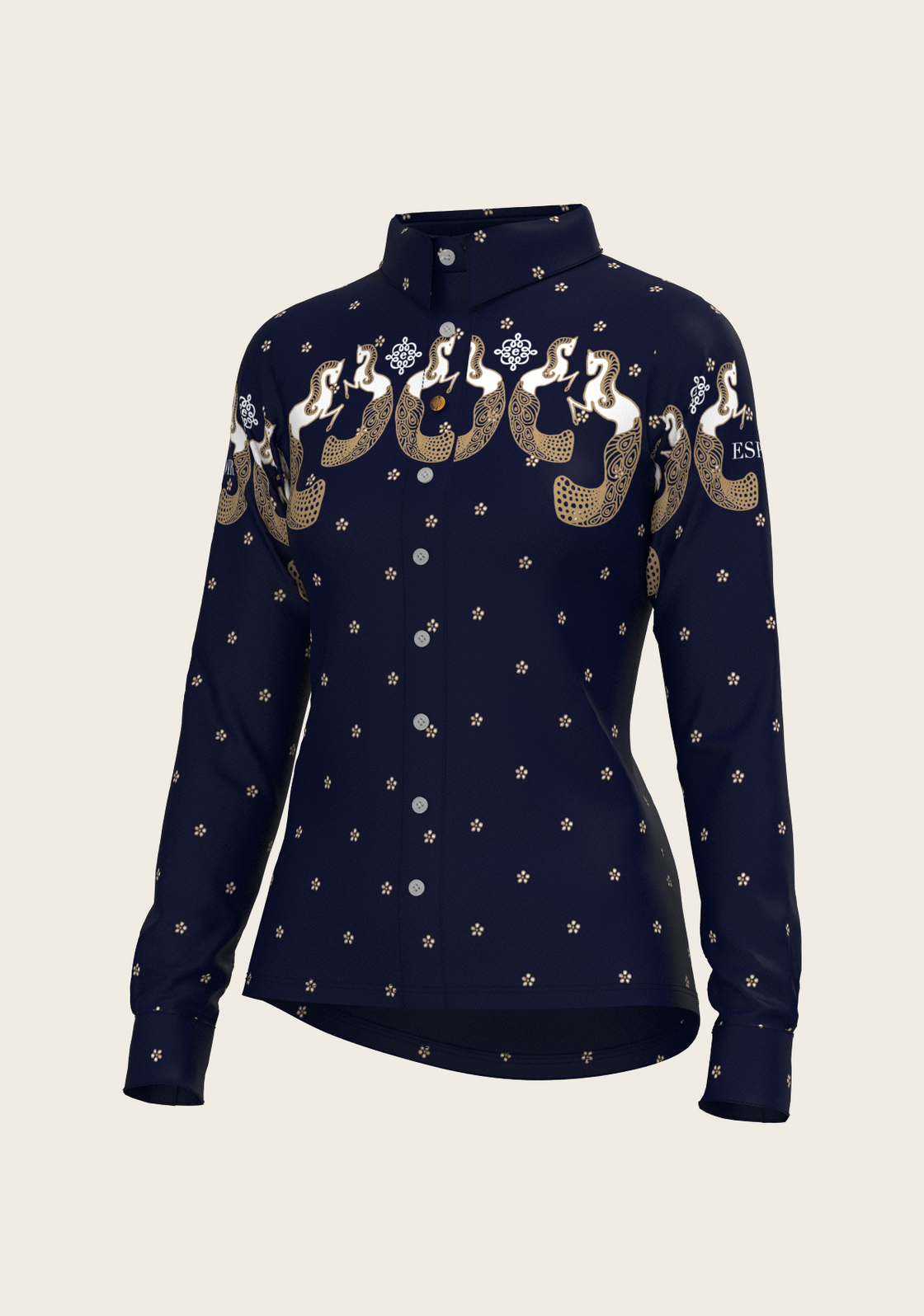 Western Mermaid Horses on Navy Ladies Button Shirt