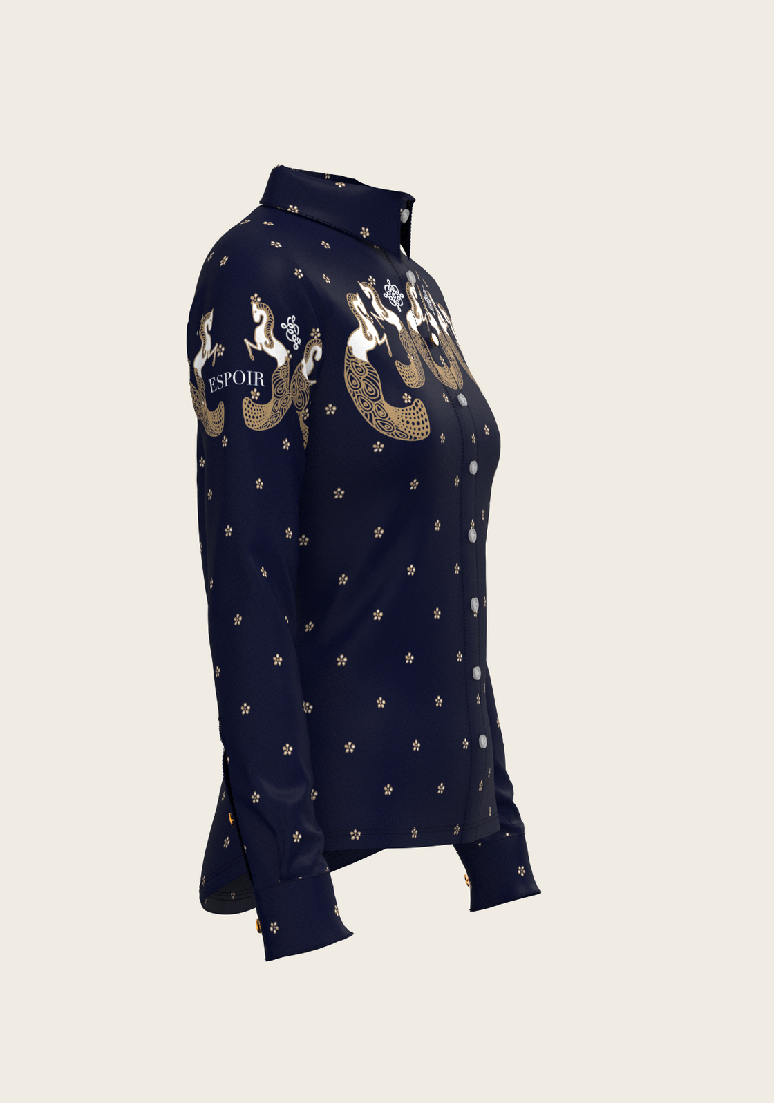 Western Mermaid Horses on Navy Ladies Button Shirt