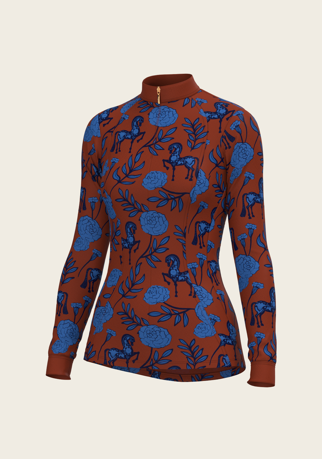 Peony in Blue on Tan Quarter Zip Sun Shirt