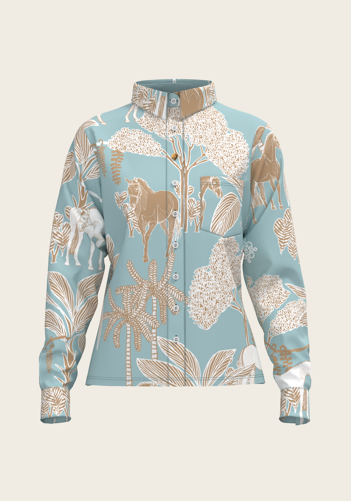  Island Horses on Sky Blue Loose Fitting Button Shirt