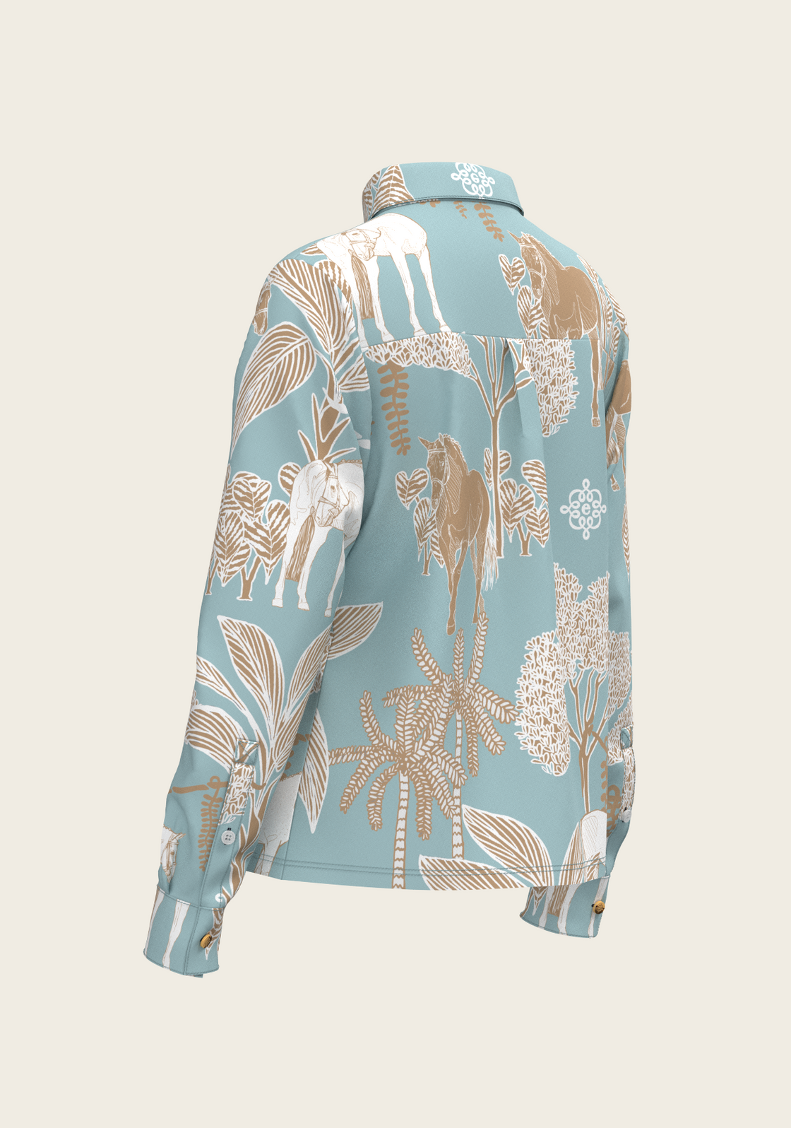  Island Horses on Sky Blue Loose Fitting Button Shirt