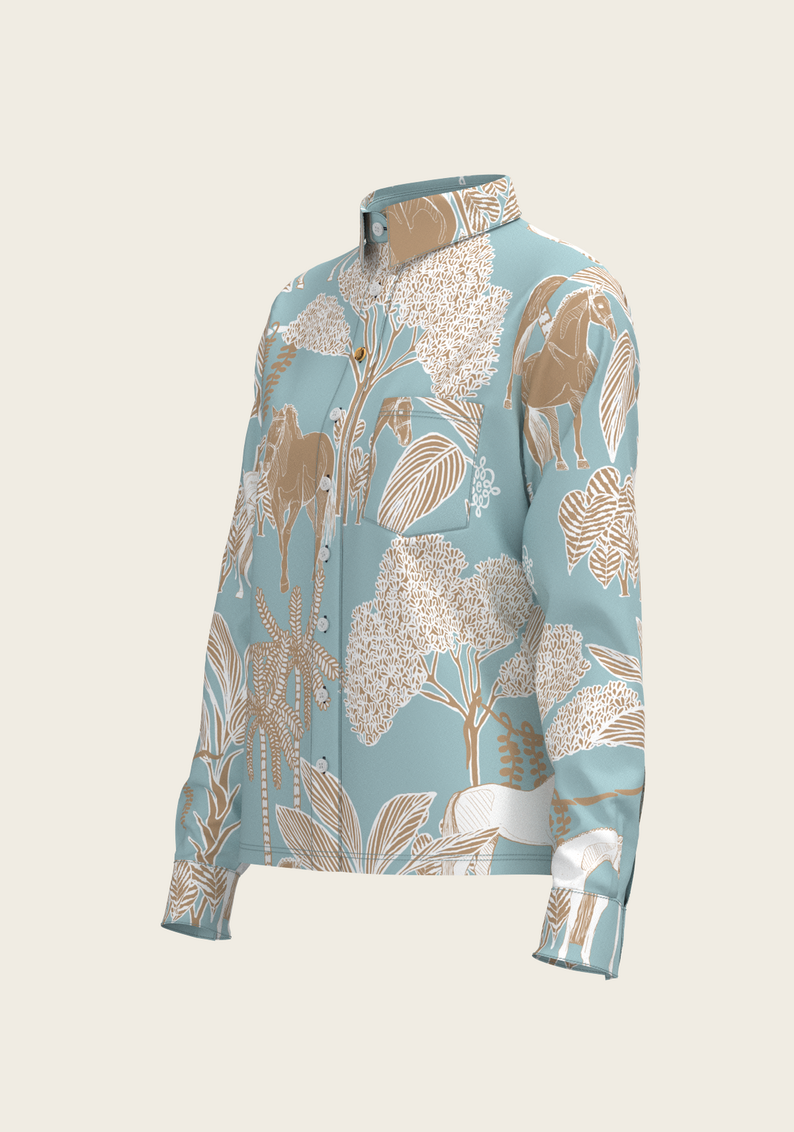  Island Horses on Sky Blue Loose Fitting Button Shirt