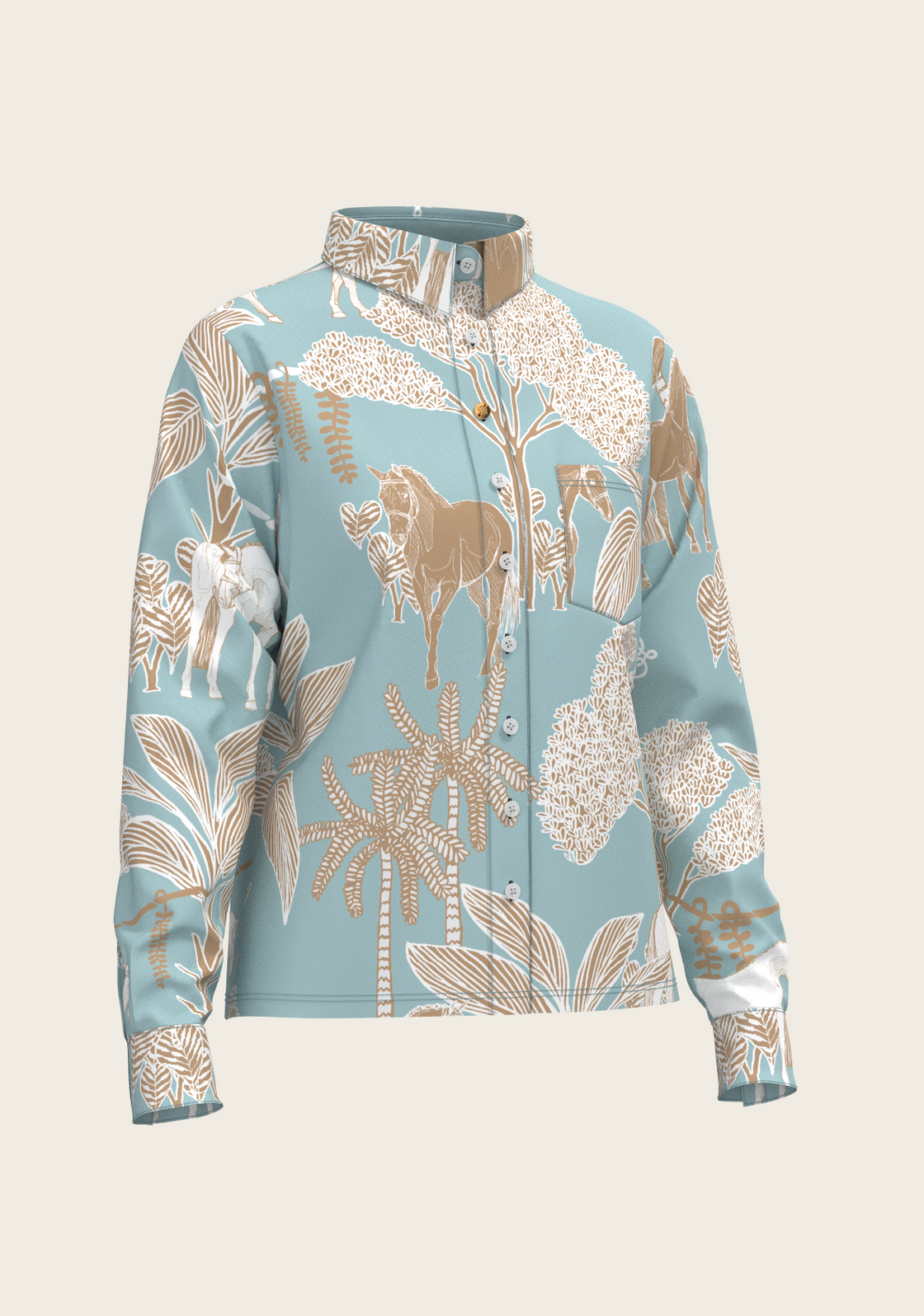  Island Horses on Sky Blue Loose Fitting Button Shirt