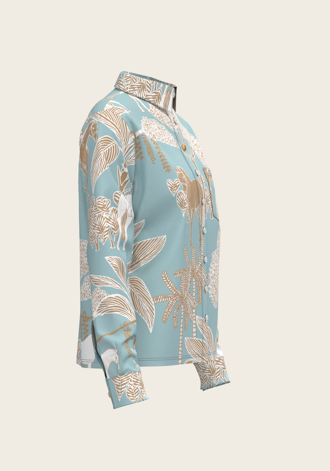  Island Horses on Sky Blue Loose Fitting Button Shirt