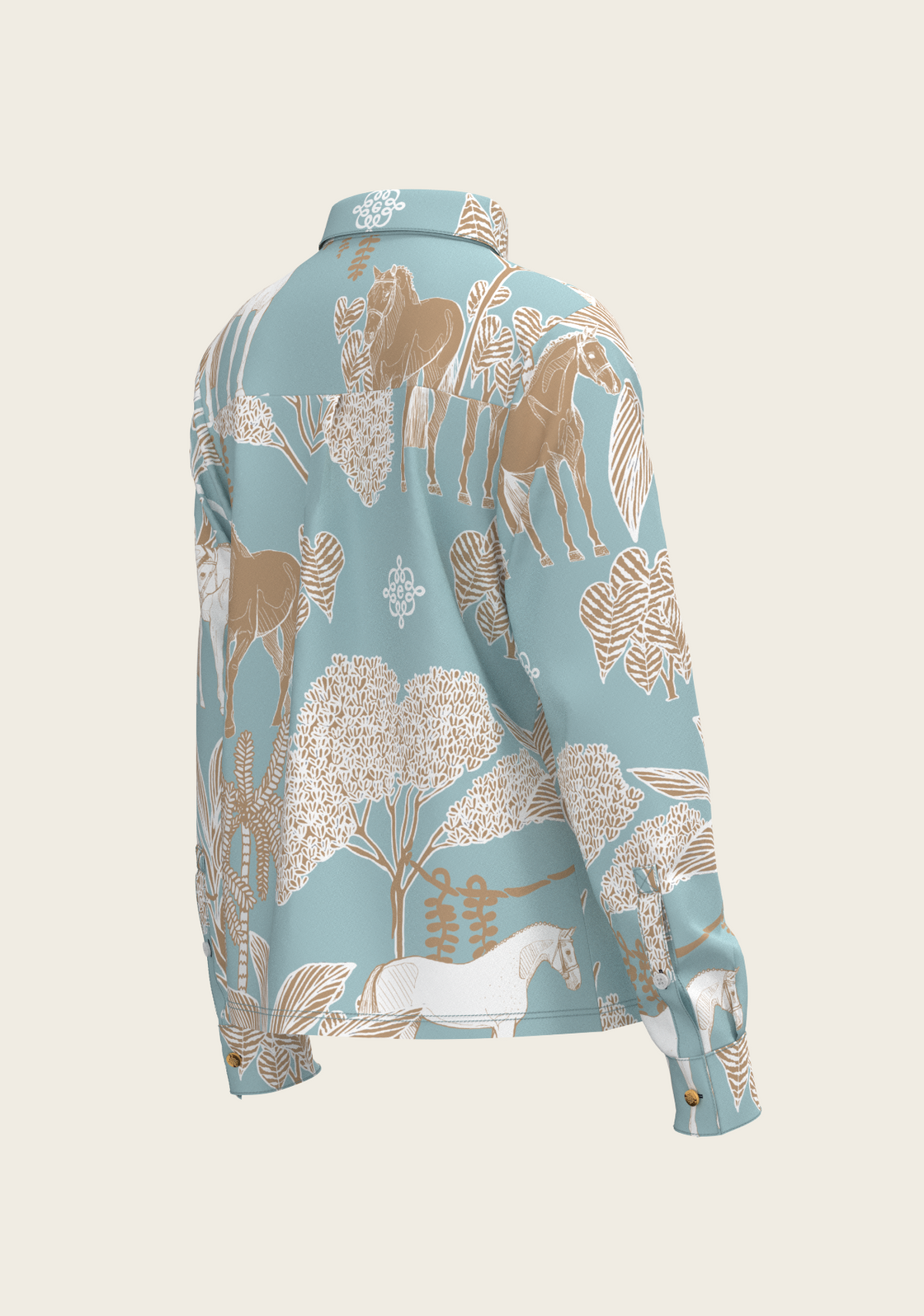  Island Horses on Sky Blue Loose Fitting Button Shirt