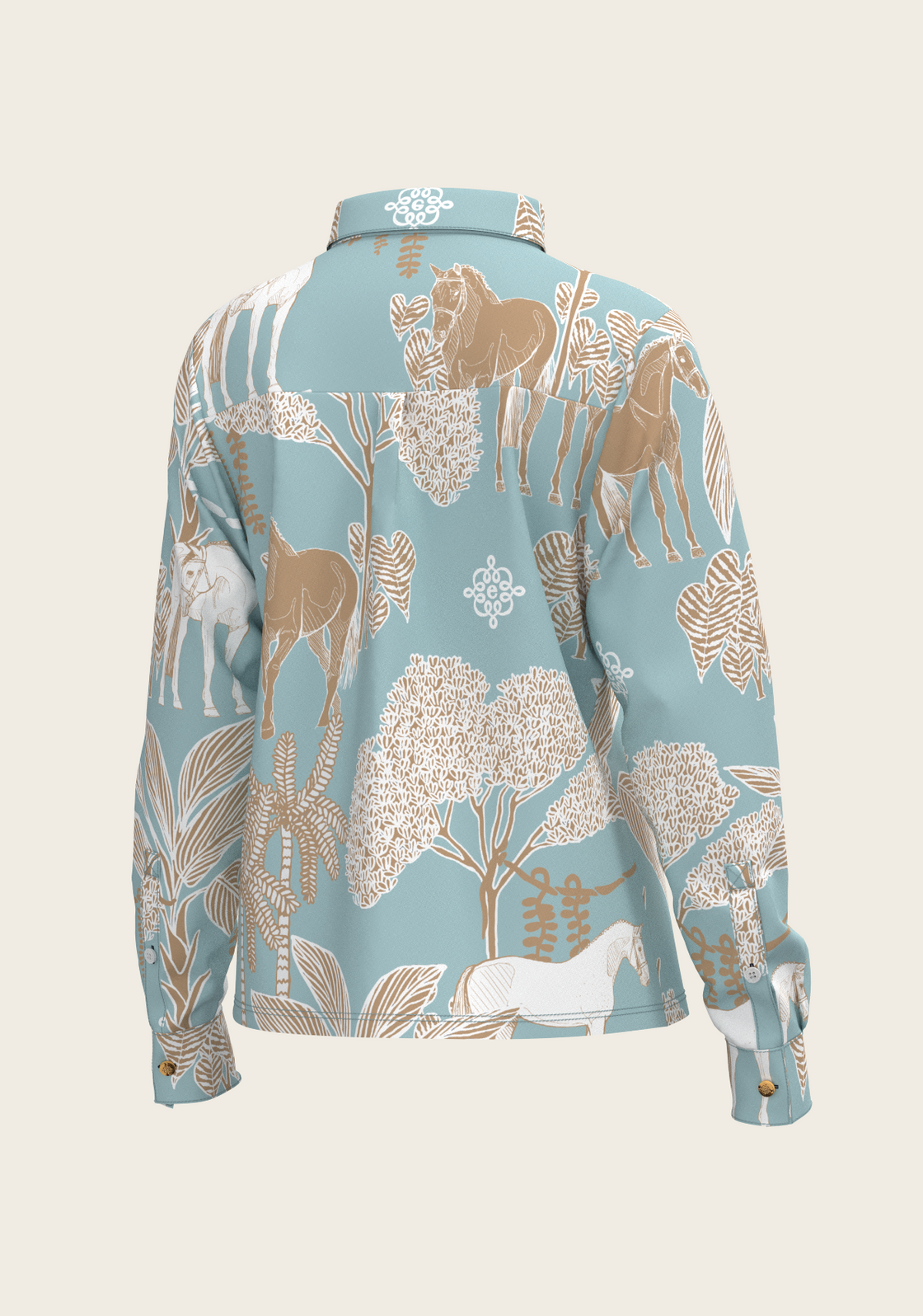  Island Horses on Sky Blue Loose Fitting Button Shirt