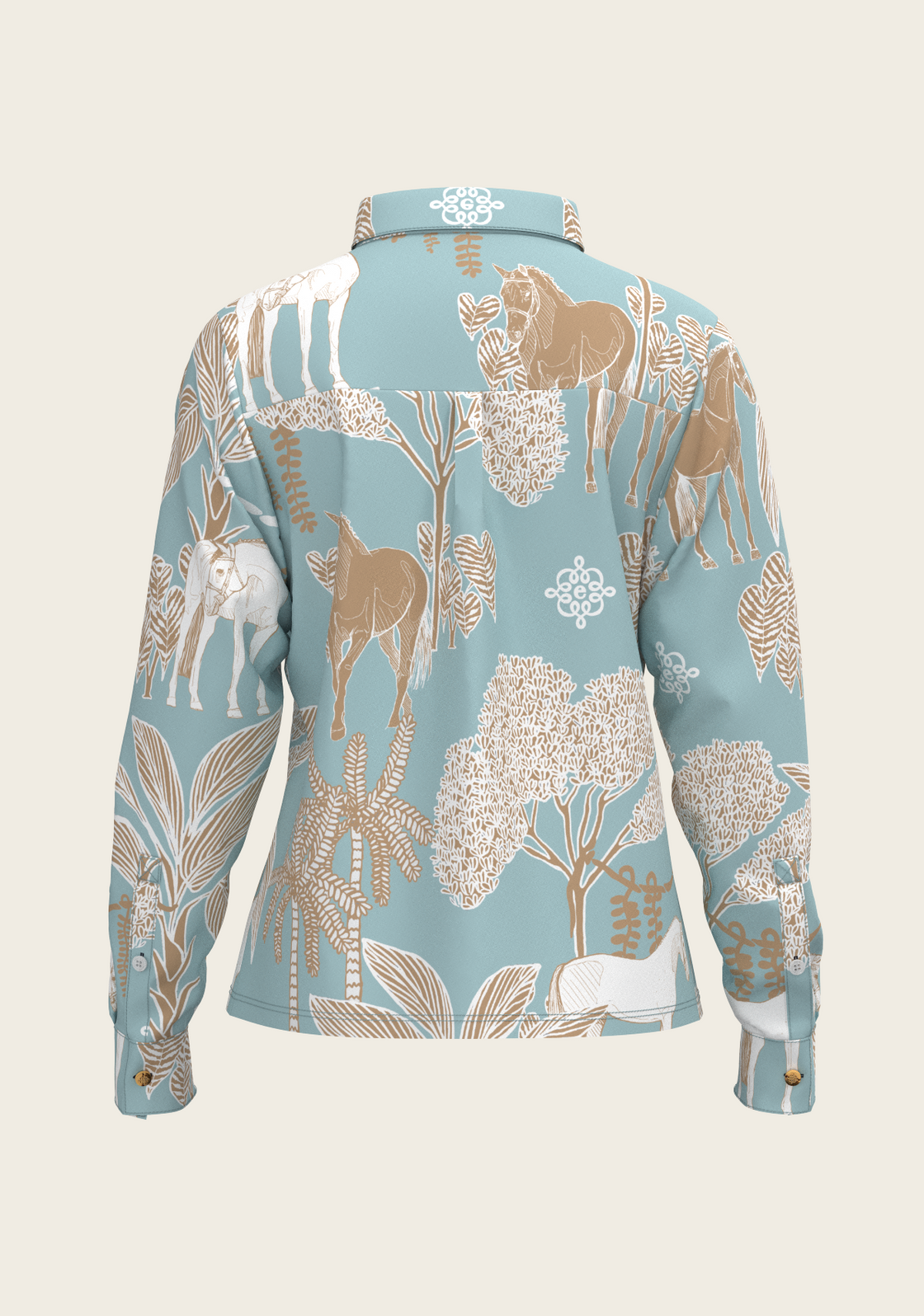  Island Horses on Sky Blue Loose Fitting Button Shirt