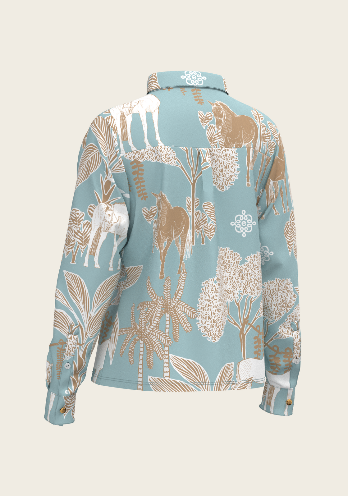  Island Horses on Sky Blue Loose Fitting Button Shirt