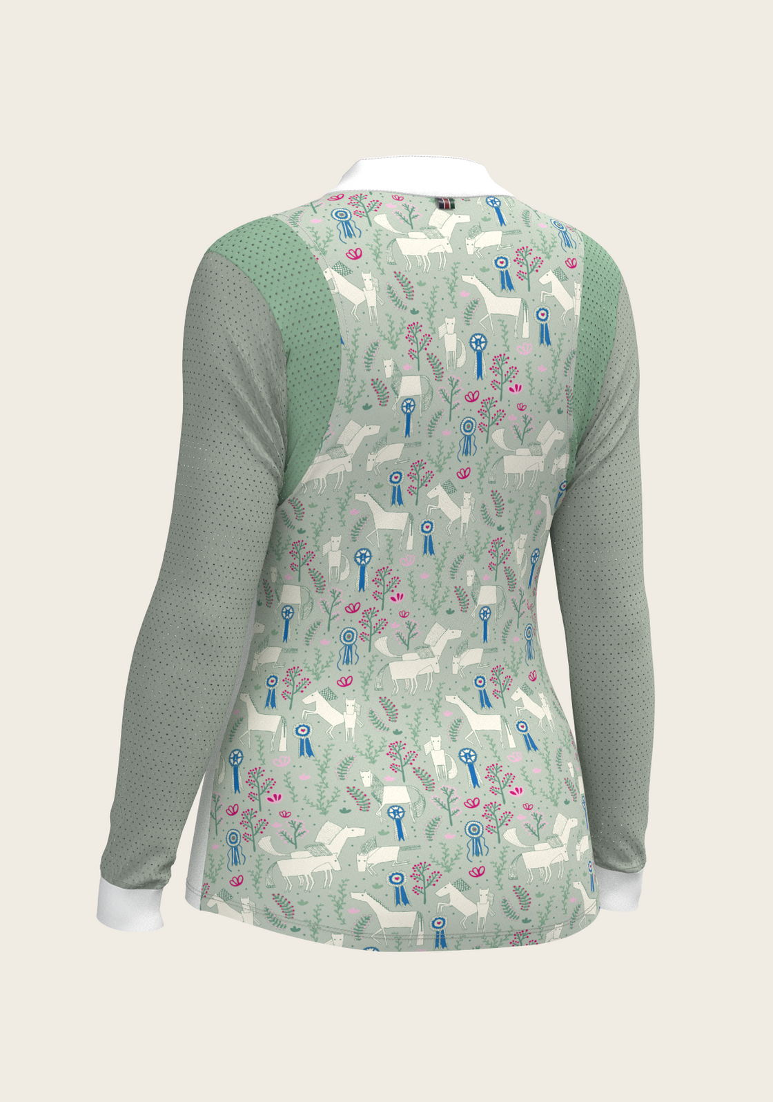  White with Rosettes in Lime Green Long Sleeve Sport Show Shirt