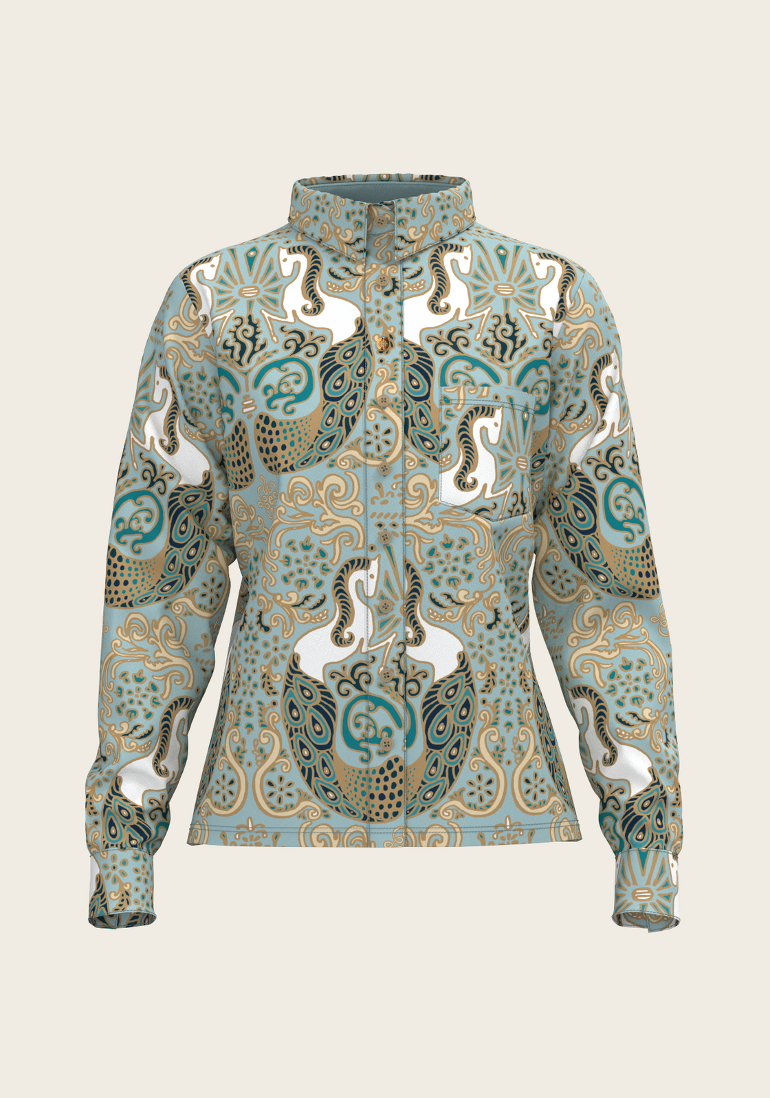Mermaid Horses on Sky Blue Loose Fitting Button Shirt
