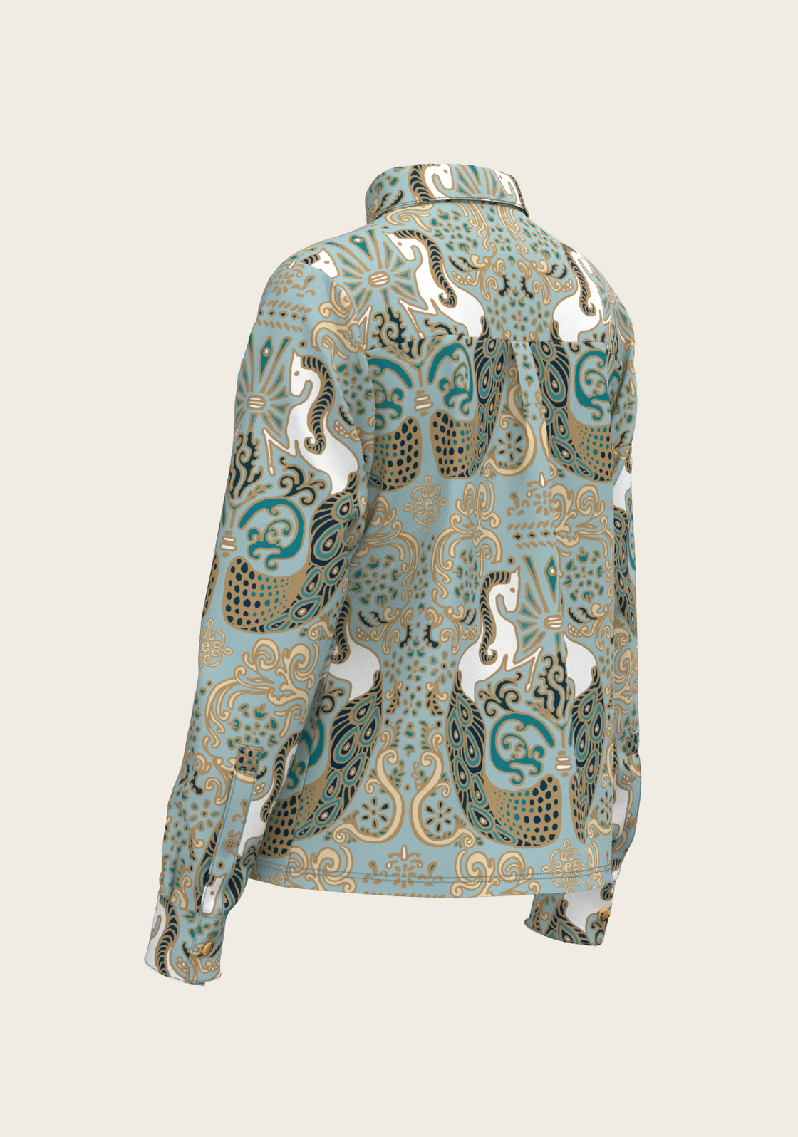Mermaid Horses on Sky Blue Loose Fitting Button Shirt