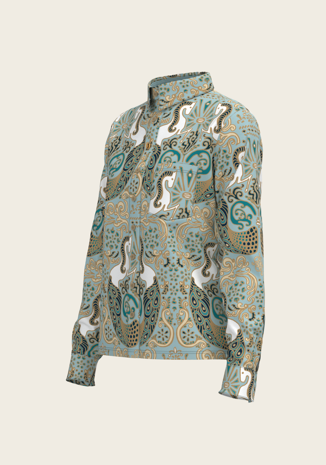Mermaid Horses on Sky Blue Loose Fitting Button Shirt