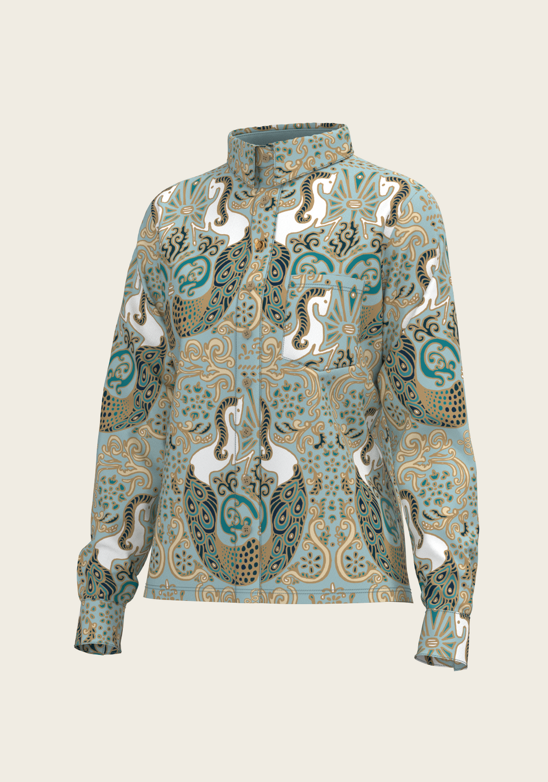 Mermaid Horses on Sky Blue Loose Fitting Button Shirt