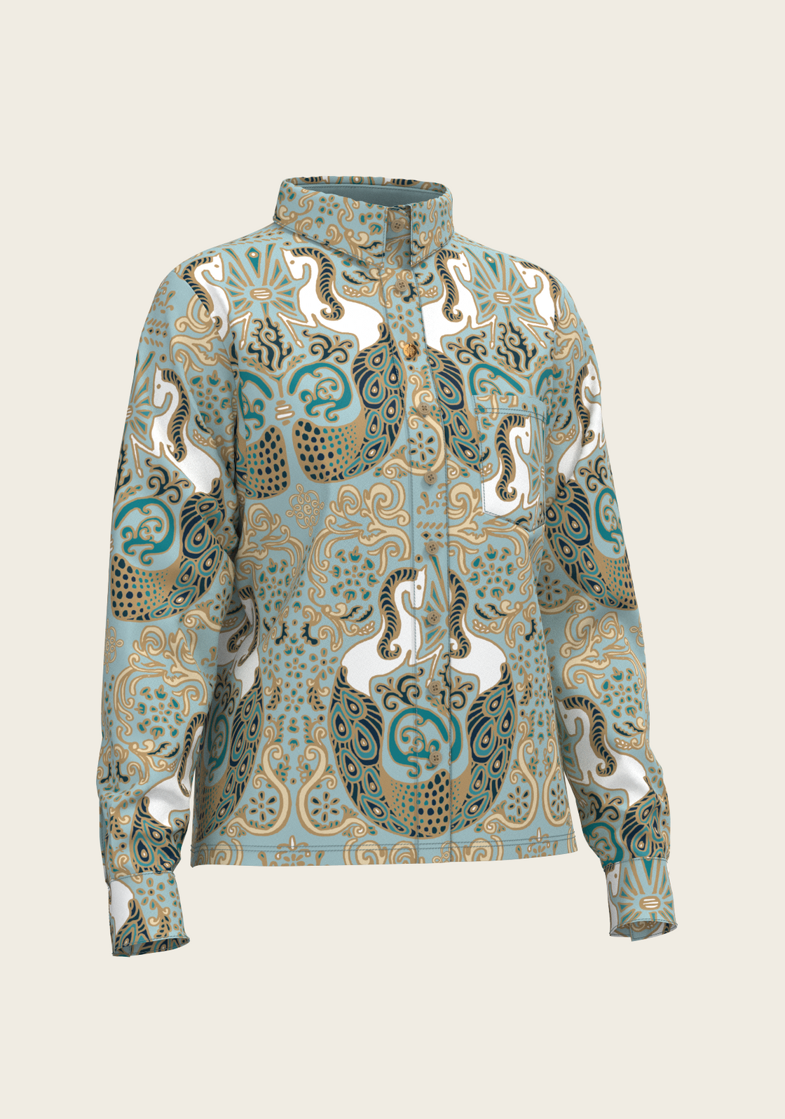 Mermaid Horses on Sky Blue Loose Fitting Button Shirt