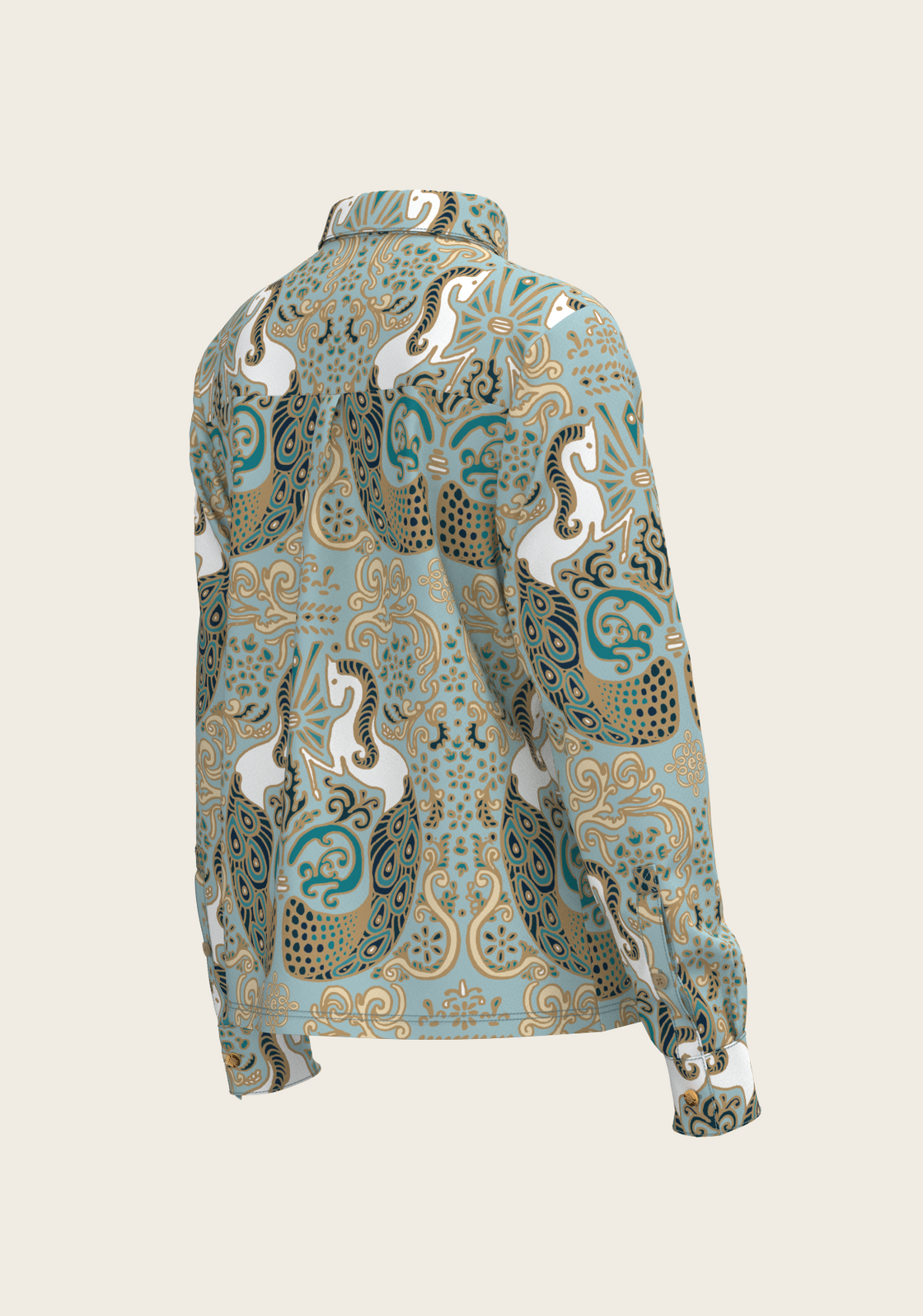 Mermaid Horses on Sky Blue Loose Fitting Button Shirt