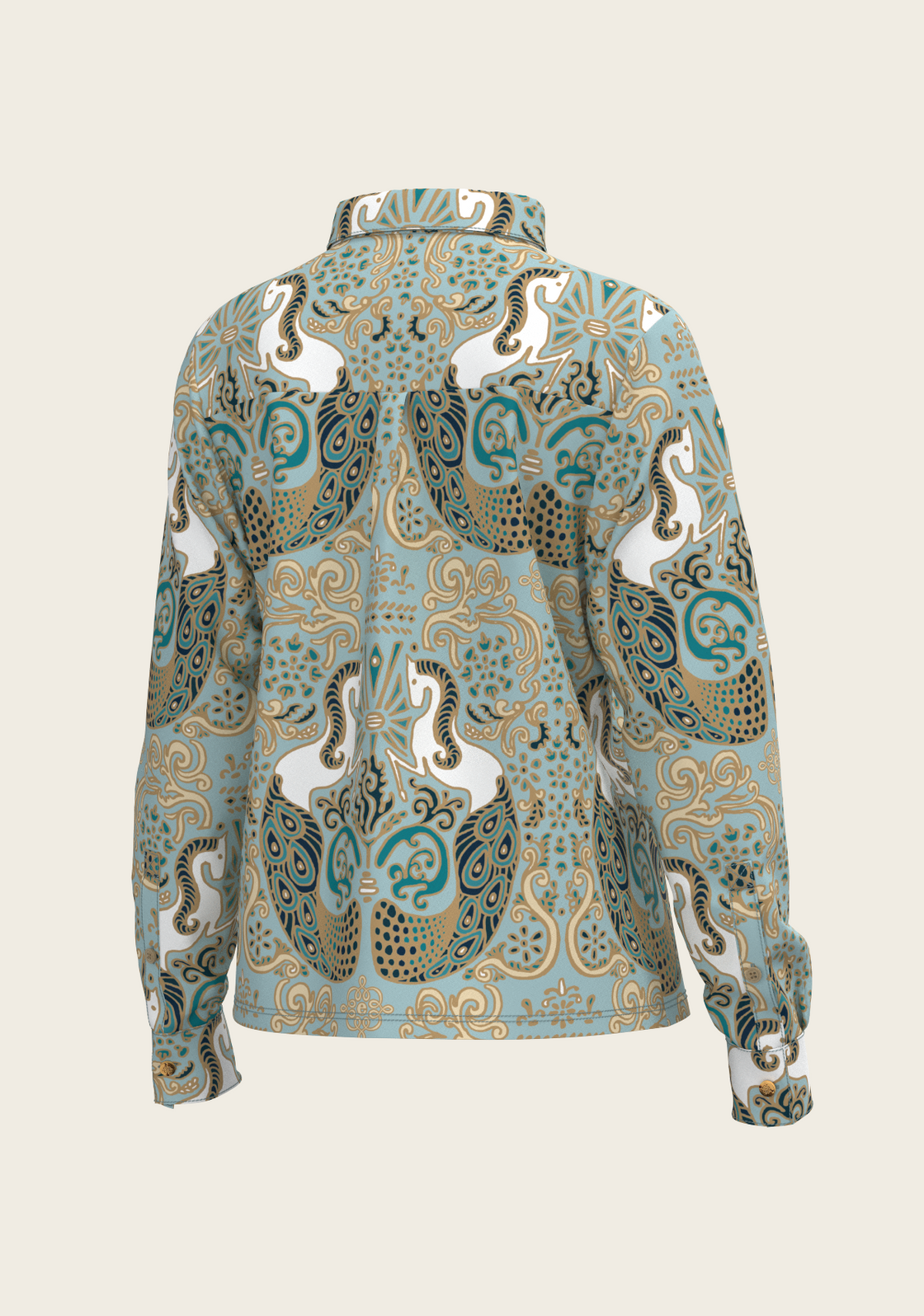 Mermaid Horses on Sky Blue Loose Fitting Button Shirt