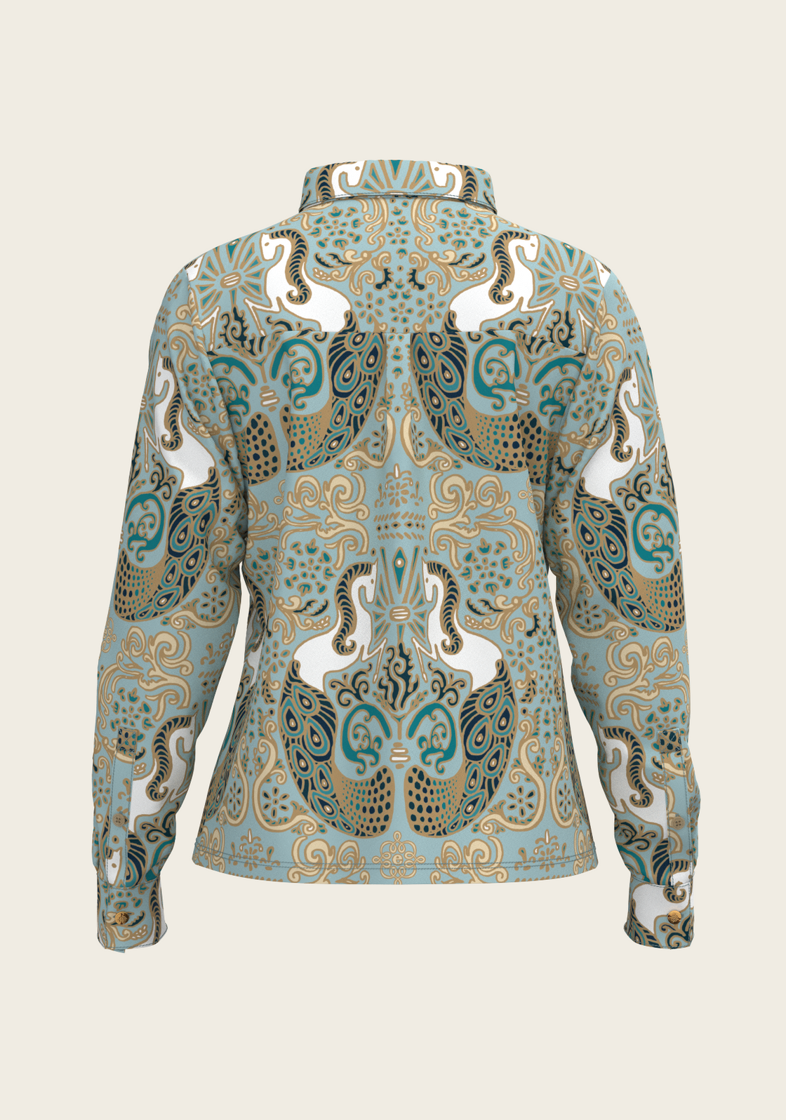 Mermaid Horses on Sky Blue Loose Fitting Button Shirt