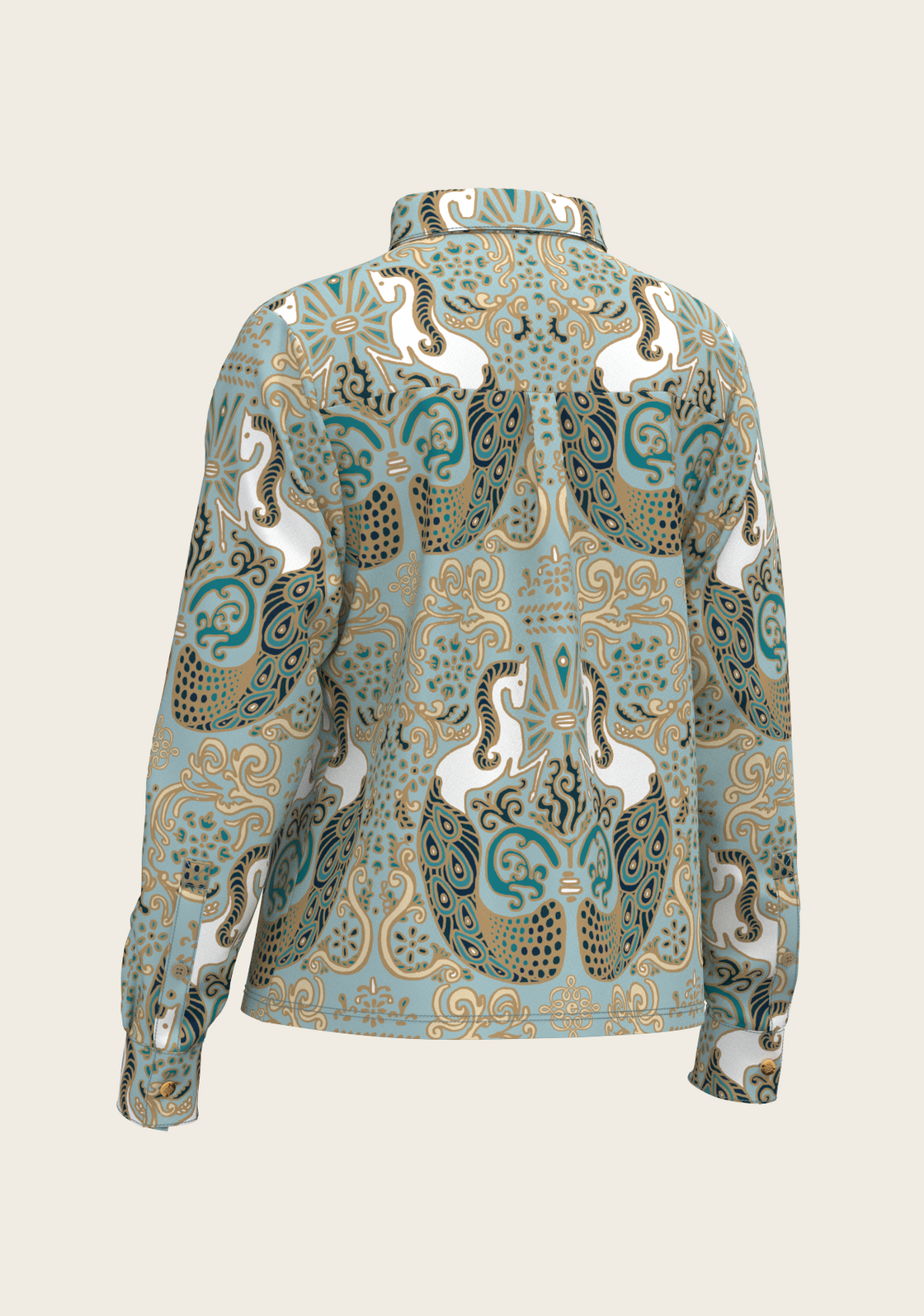 Mermaid Horses on Sky Blue Loose Fitting Button Shirt
