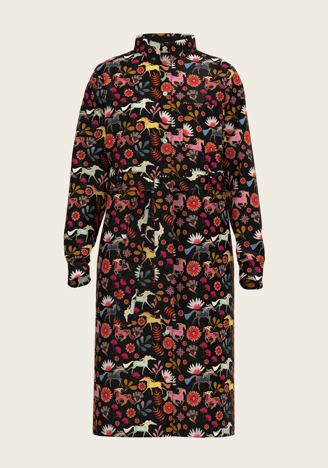  Bouquet on Black Long Sleeve Shirt Dress